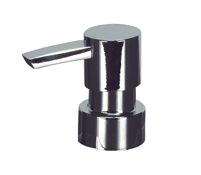Moderner Seifenspender aus glänzendem Chrom mit schlichtem, zylindrischem Design und praktischem Pumpmechanismus.