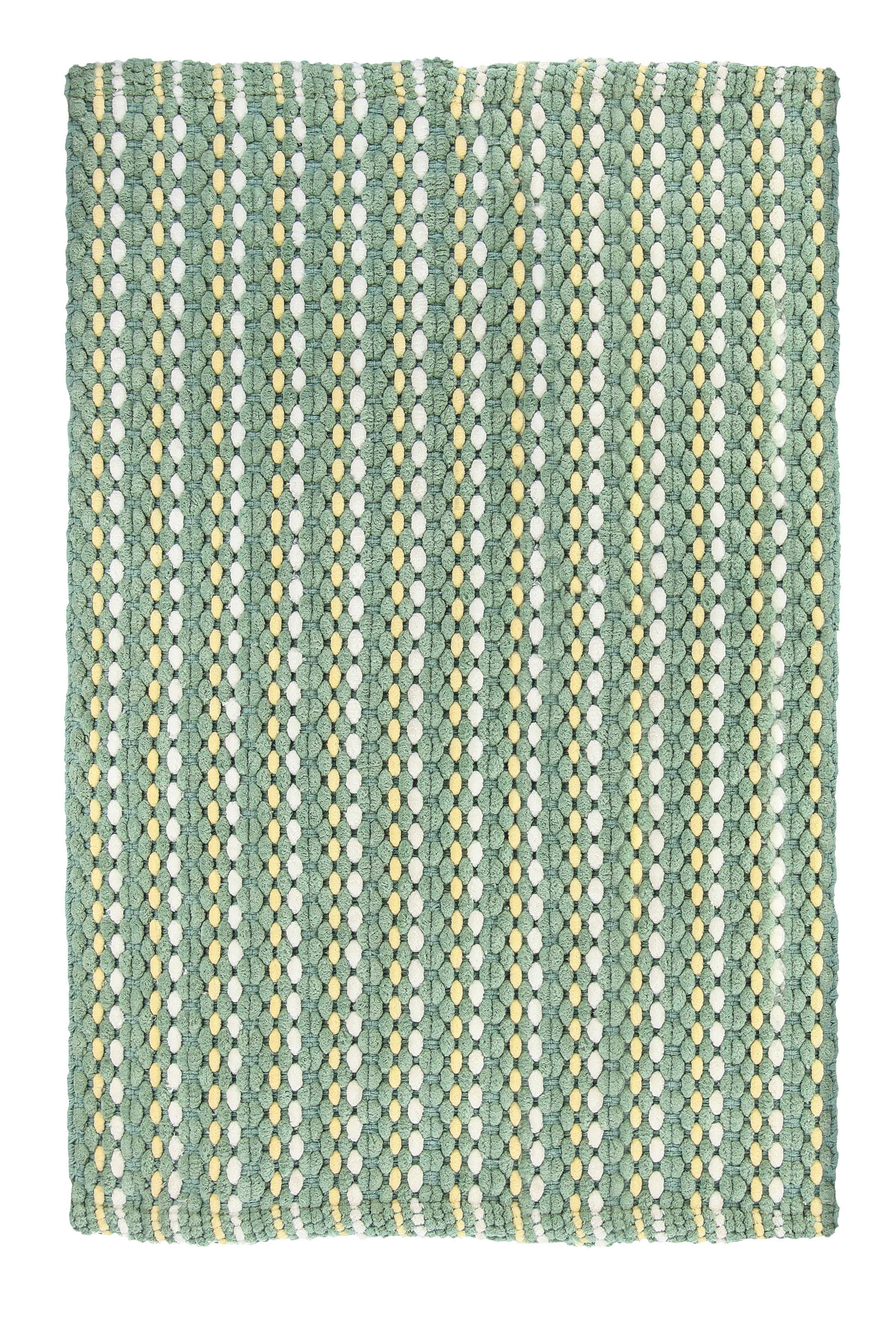 Grüner Badteppich mit geflochtenem Muster in verschiedenen Grüntönen und Akzenten in Gelb und Weiß. Ideal für ein stilvolles Badezimmer.