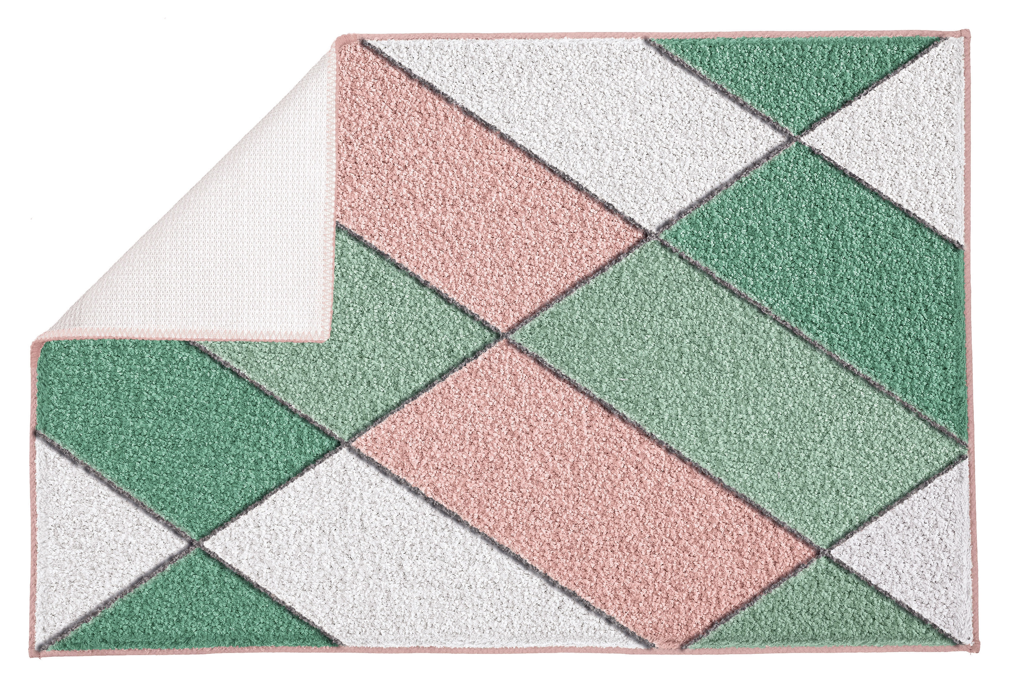 Bunter Badteppich mit geometrischem Muster in Grün, Rosa und Weiß, rutschfeste Rückseite, weiche Textur.