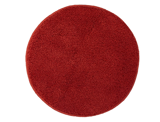 Runder, roter Teppich mit weicher, flauschiger Oberfläche. Ideal für Wohn- und Schlafzimmer.