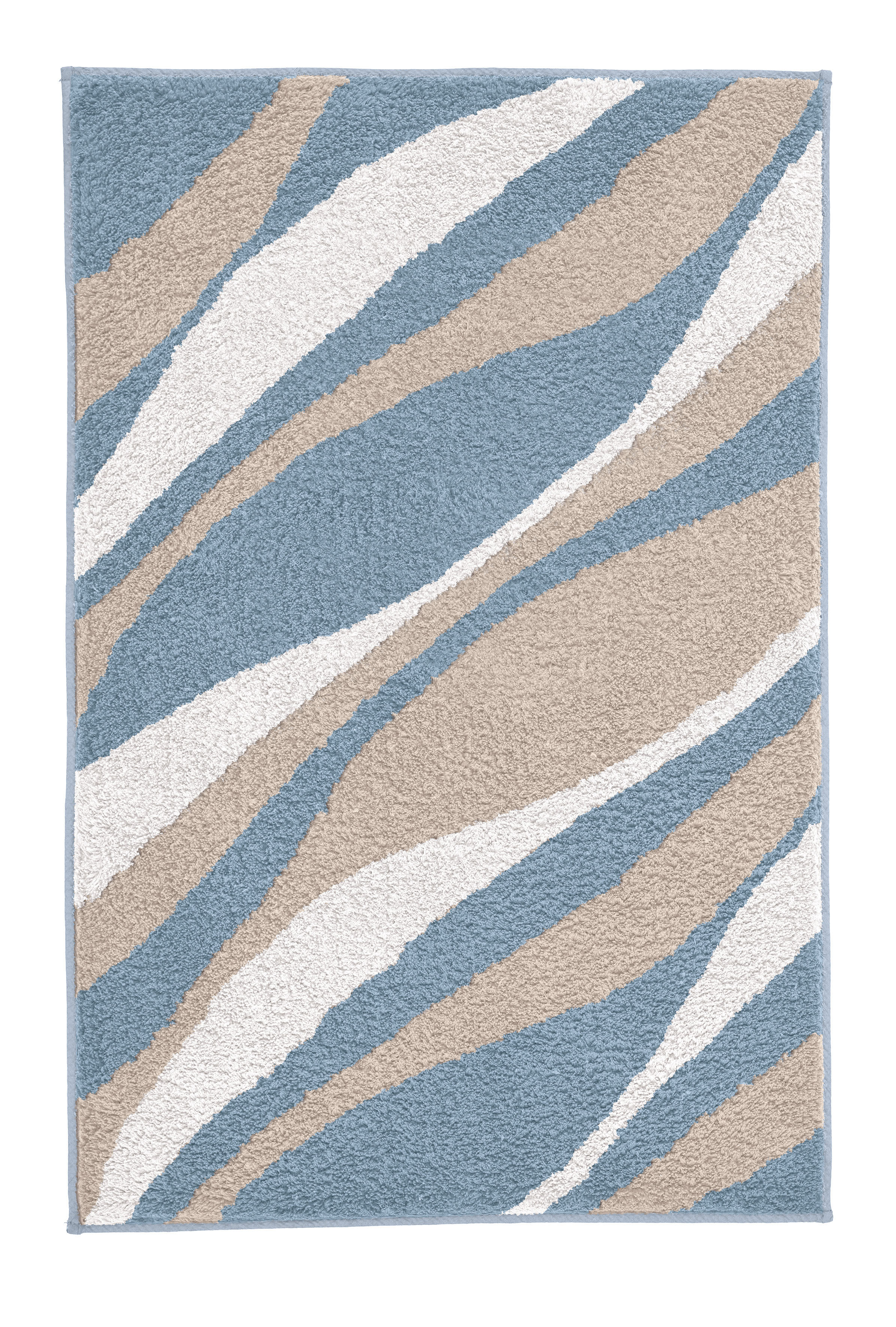 Badematte mit wellenförmigem Muster in Blau, Beige und Weiß. Weiche Textur, ideal für Badezimmer.