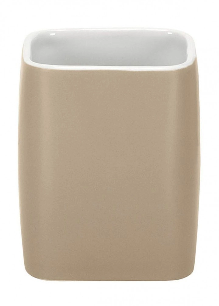 4004478221789 Beigefarbener, rechteckiger Zahnputzbecher aus Keramik mit weißer Innenfläche. Modernes, minimalistisches Design.