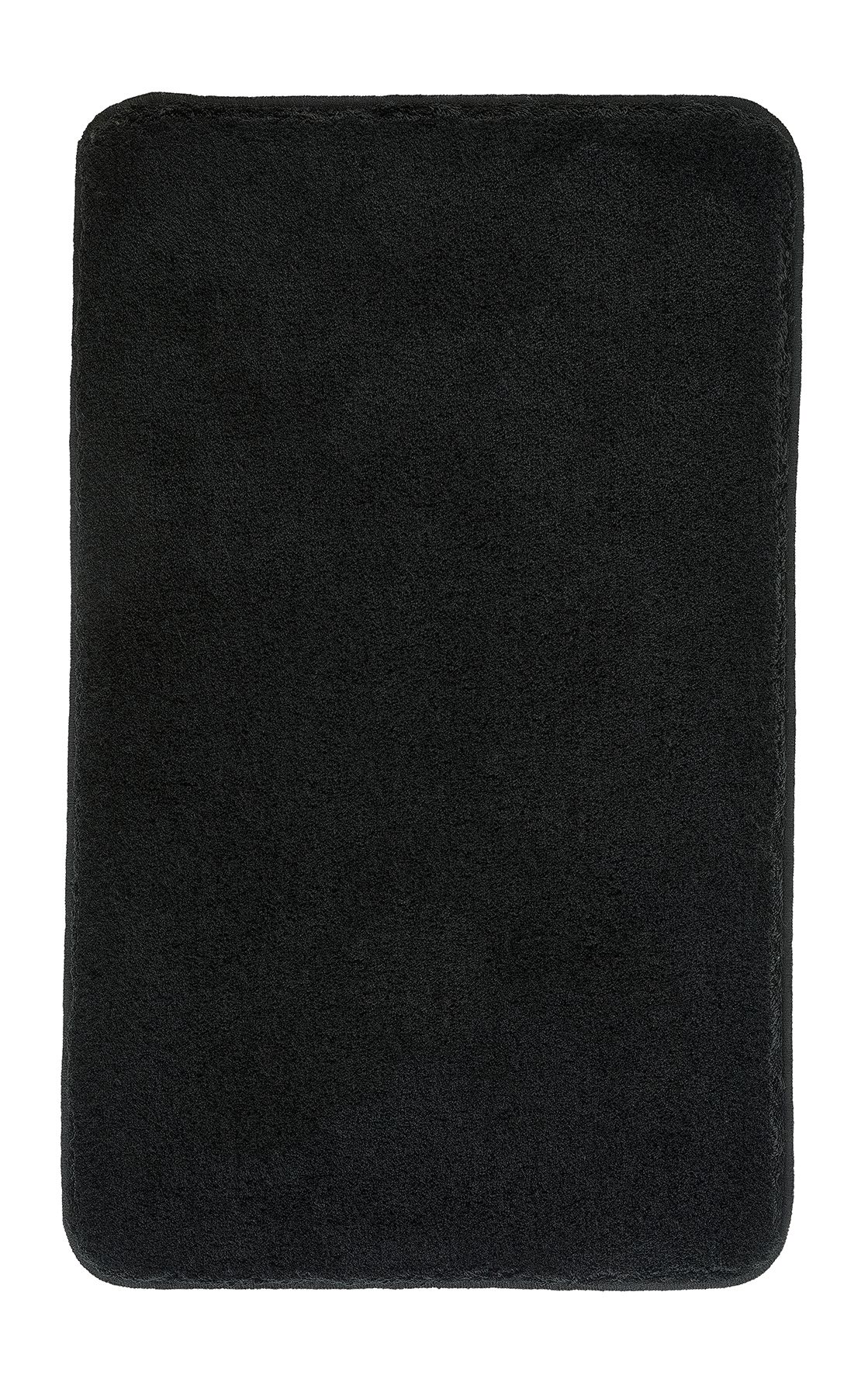 Schwarzer, rechteckiger Badezimmerteppich mit weicher, flauschiger Oberfläche. Ideal für ein modernes Badezimmer.