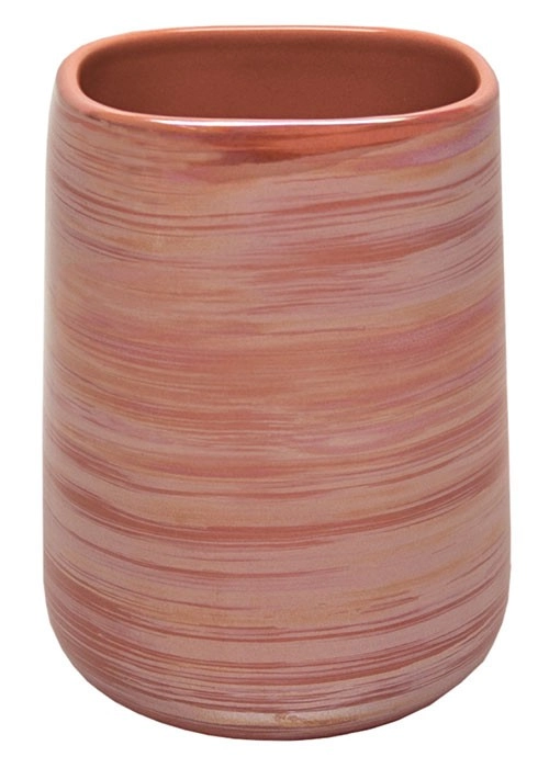 Keramik-Zahnputzbecher in warmen Erdtönen mit sanften, horizontalen Streifen. Modernes Design, ideal für stilvolle Badezimmer.