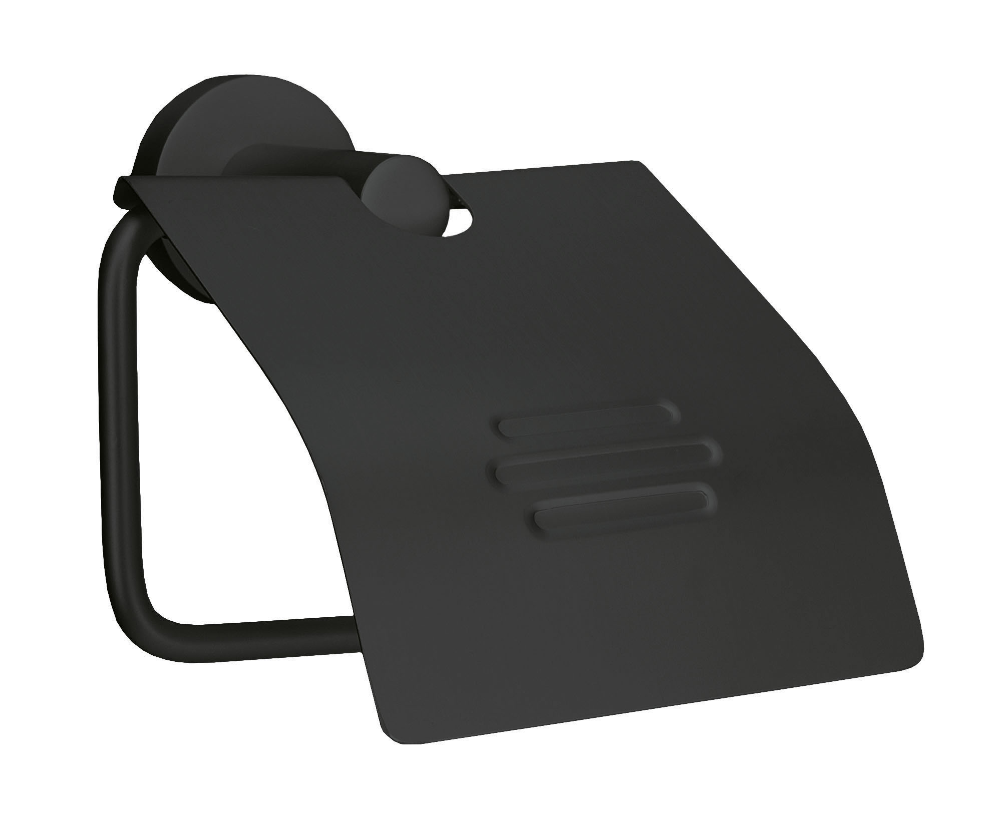 Schwarzer Toilettenpapierhalter aus Metall mit modernem, minimalistischem Design und abgerundeten Kanten.