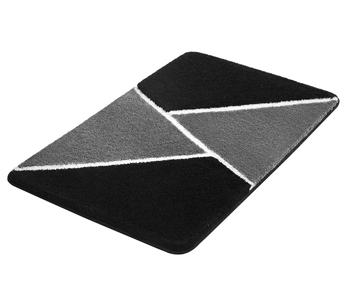 Moderner Badteppich in Schwarz und Grau mit geometrischem Muster, weiche Oberfläche, rutschfeste Unterseite.