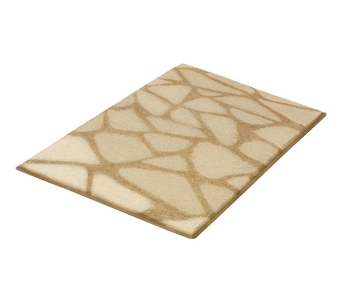 Beige Badematte mit abstraktem Muster, weiche Oberfläche, rutschfeste Unterseite, ideal für Badezimmer.