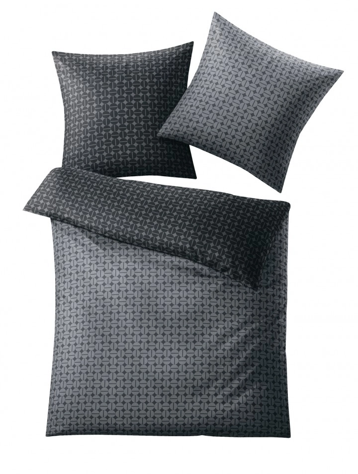 Elegante Bettwäsche in dunklem Grau mit geometrischem Muster, bestehend aus einem Bettdecken- und zwei Kissenbezügen.