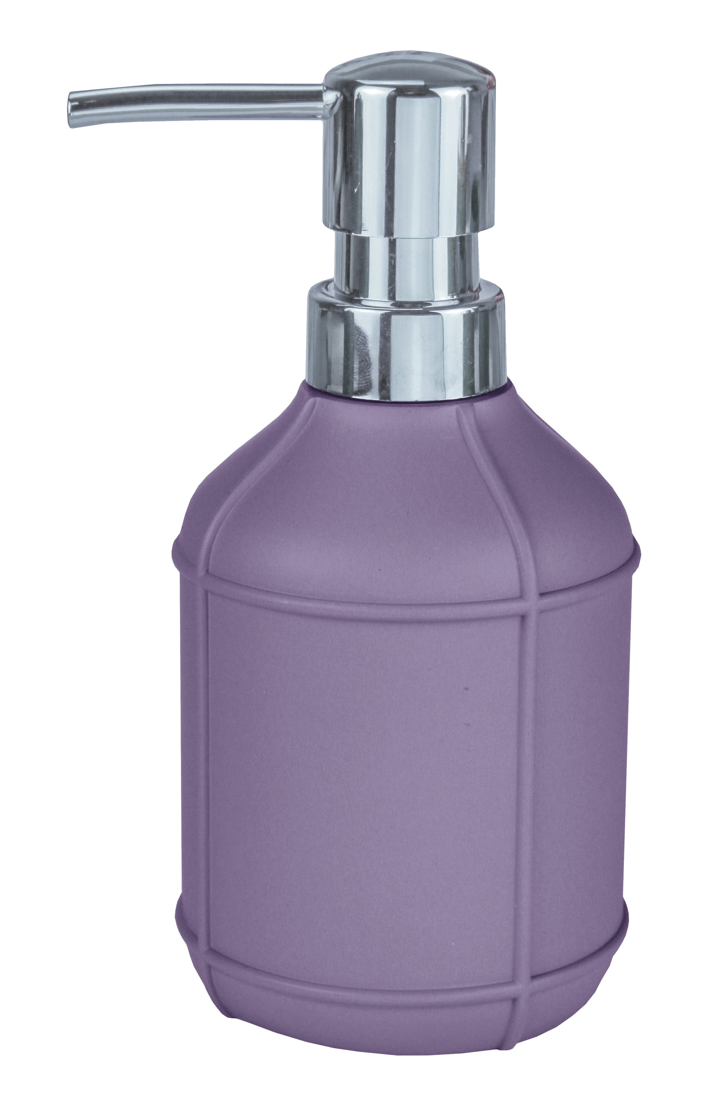 Lila Seifenspender mit modernem Design und glänzendem Pumpkopf, ideal für stilvolle Badezimmer.