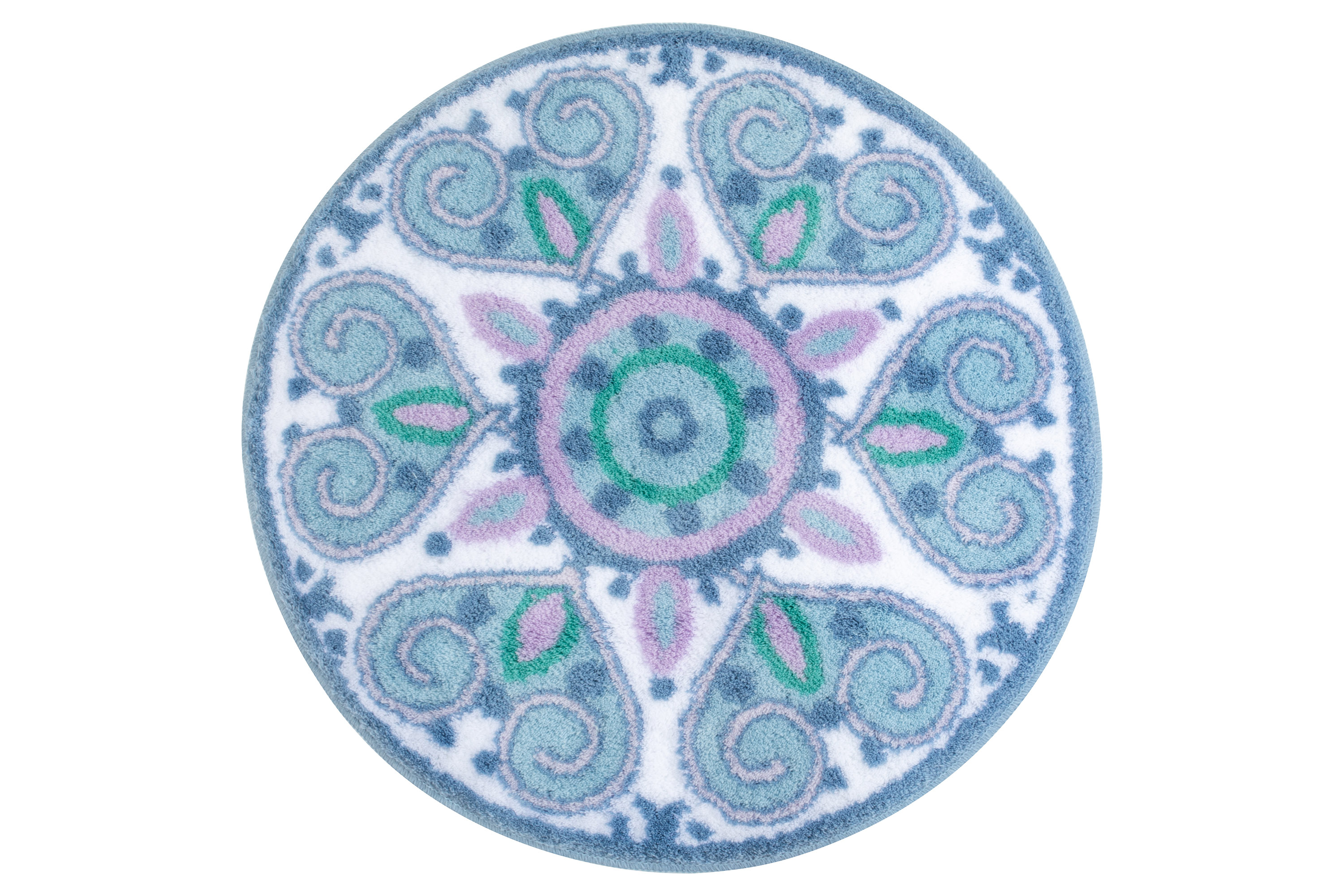 Badteppich MANDALAY Multicolor 60 cm rund Runder Badteppich mit floralem Mandala-Muster in Blau, Grün und Rosa auf weißem Hintergrund.