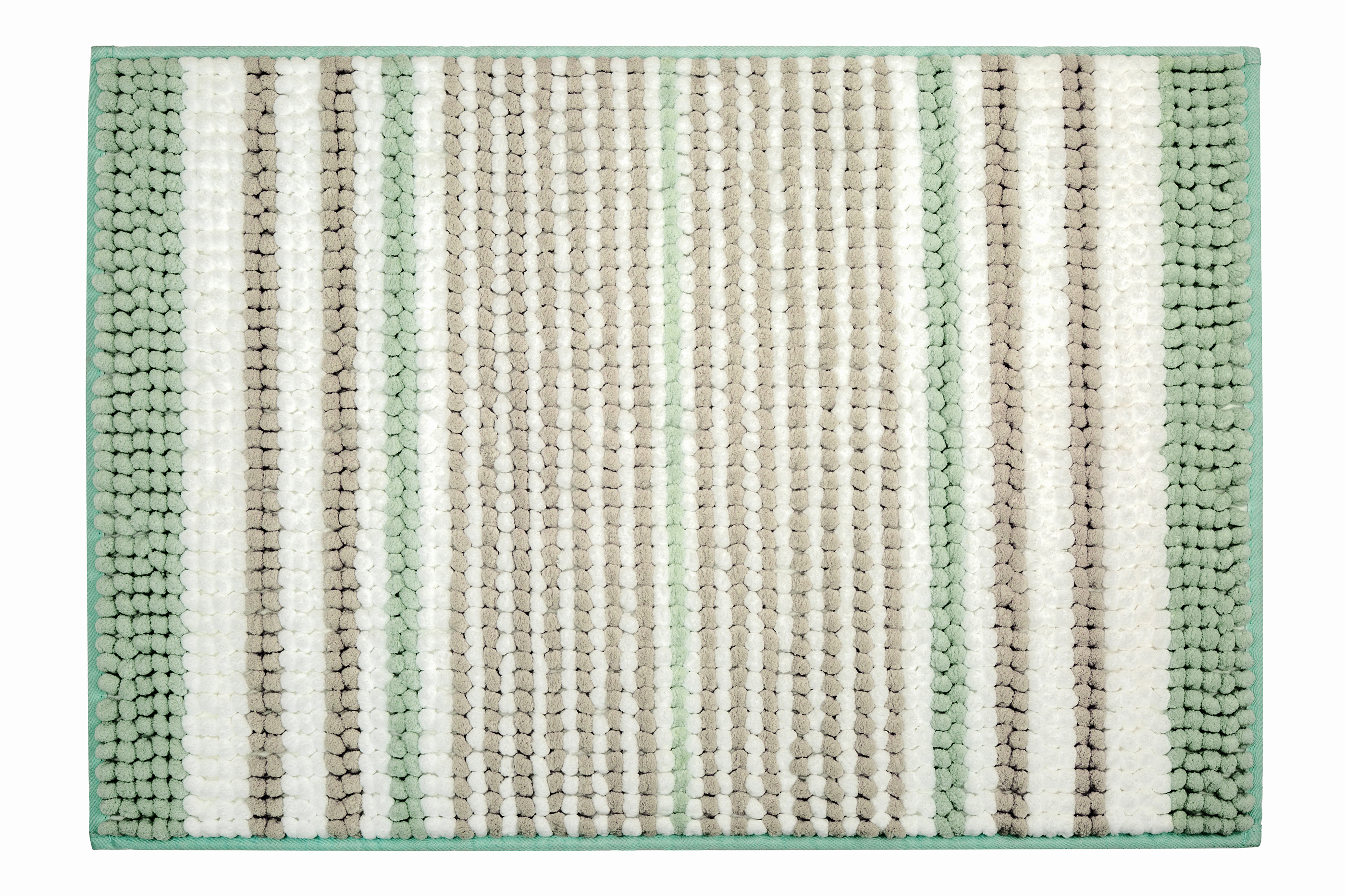 Quadratischer Badteppich mit Streifenmuster in Grün, Beige und Weiß. Weiche, flauschige Textur für ein angenehmes Gefühl.