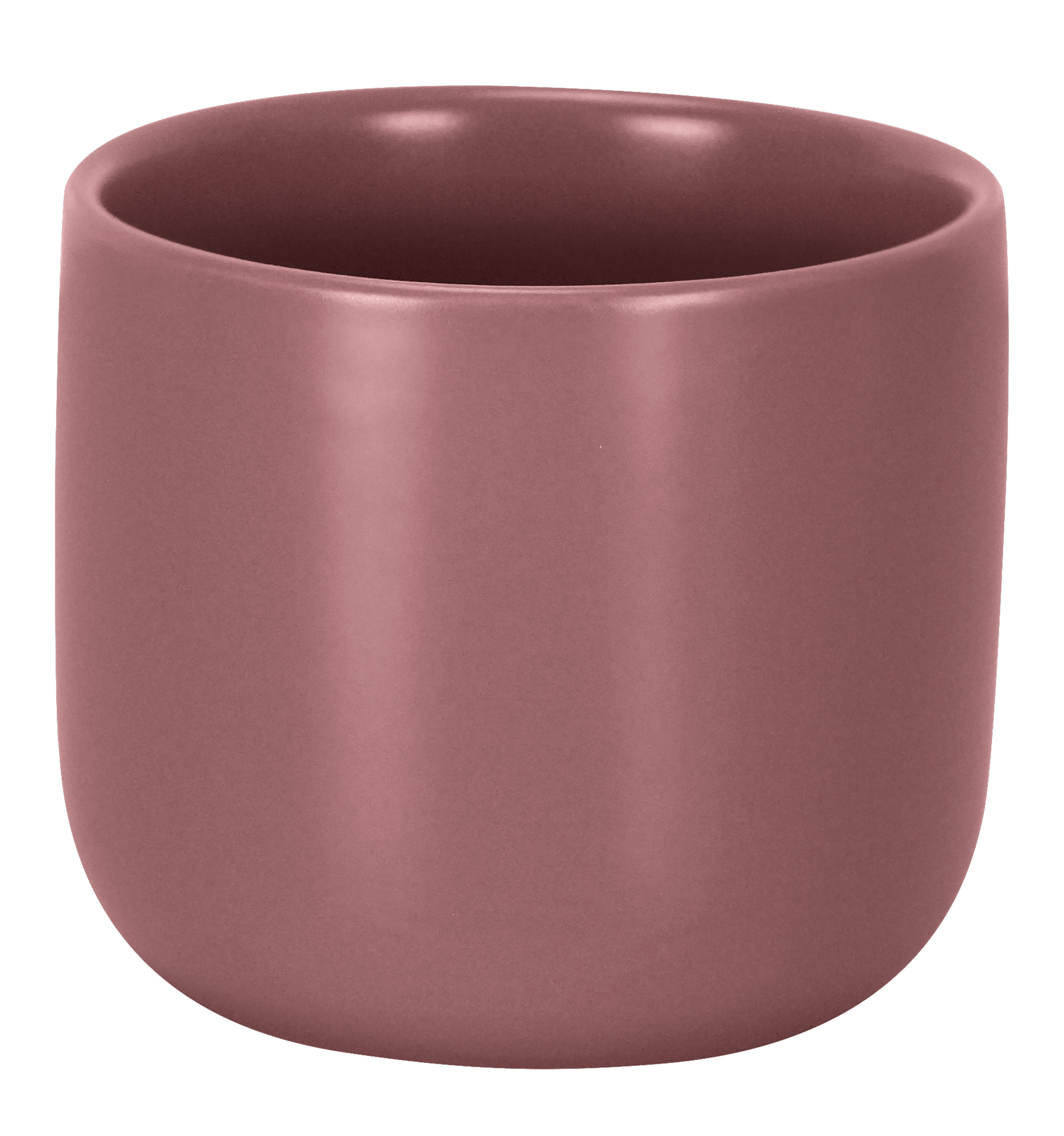 Moderner, rosafarbener Zahnputzbecher aus Keramik mit glatter Oberfläche und abgerundeten Kanten.