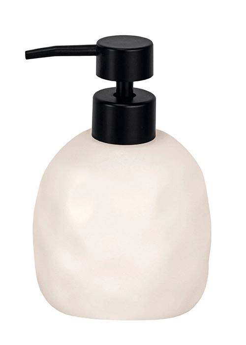Moderner Seifenspender aus weißer Keramik mit schwarzem Pumpkopf, minimalistisches Design, ideal für Badezimmer und Küchen.