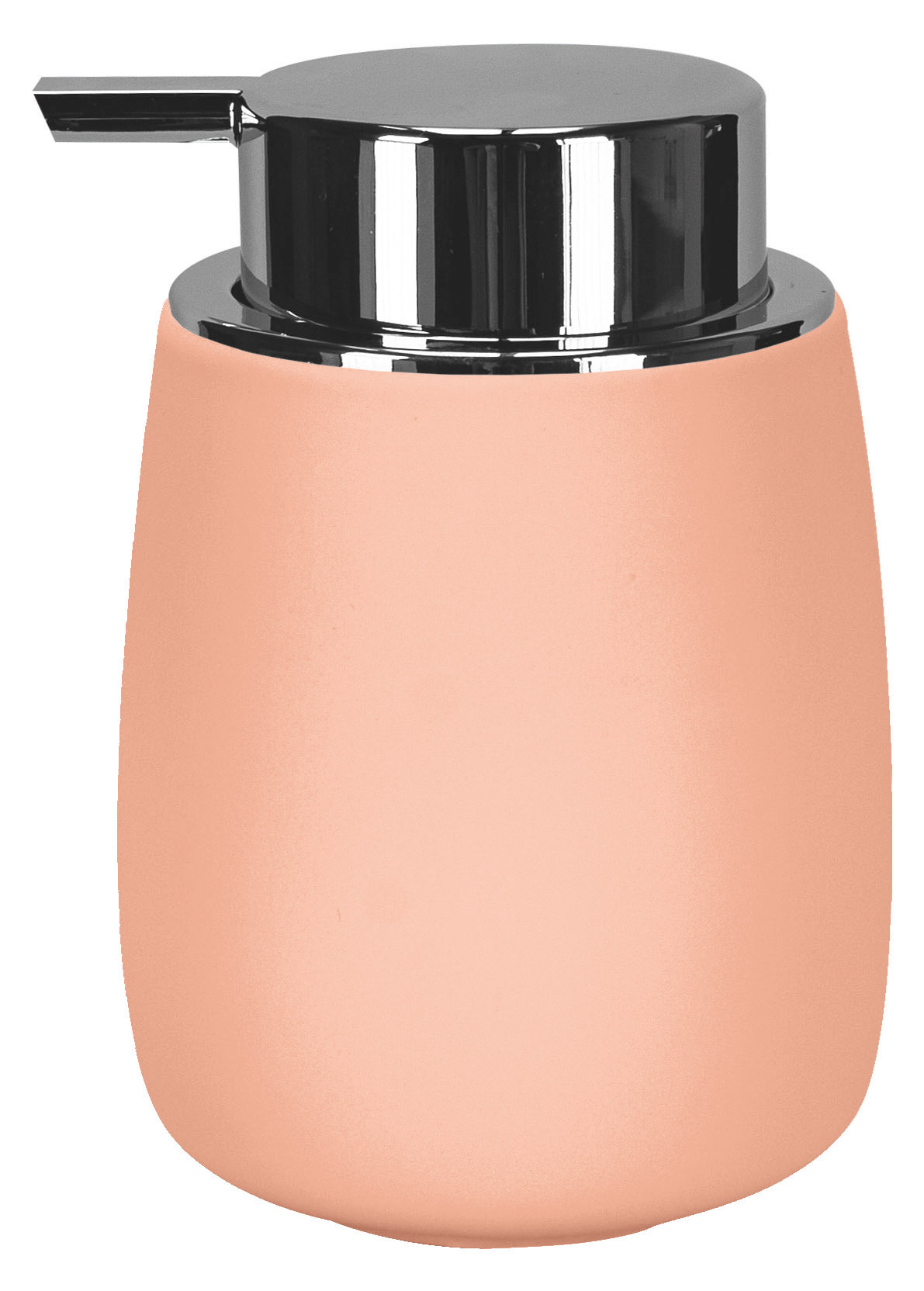 Seifenspender in modernem Design, mattes Rosa mit glänzendem Chrom-Pumpkopf. Ideal für stilvolle Badezimmer.