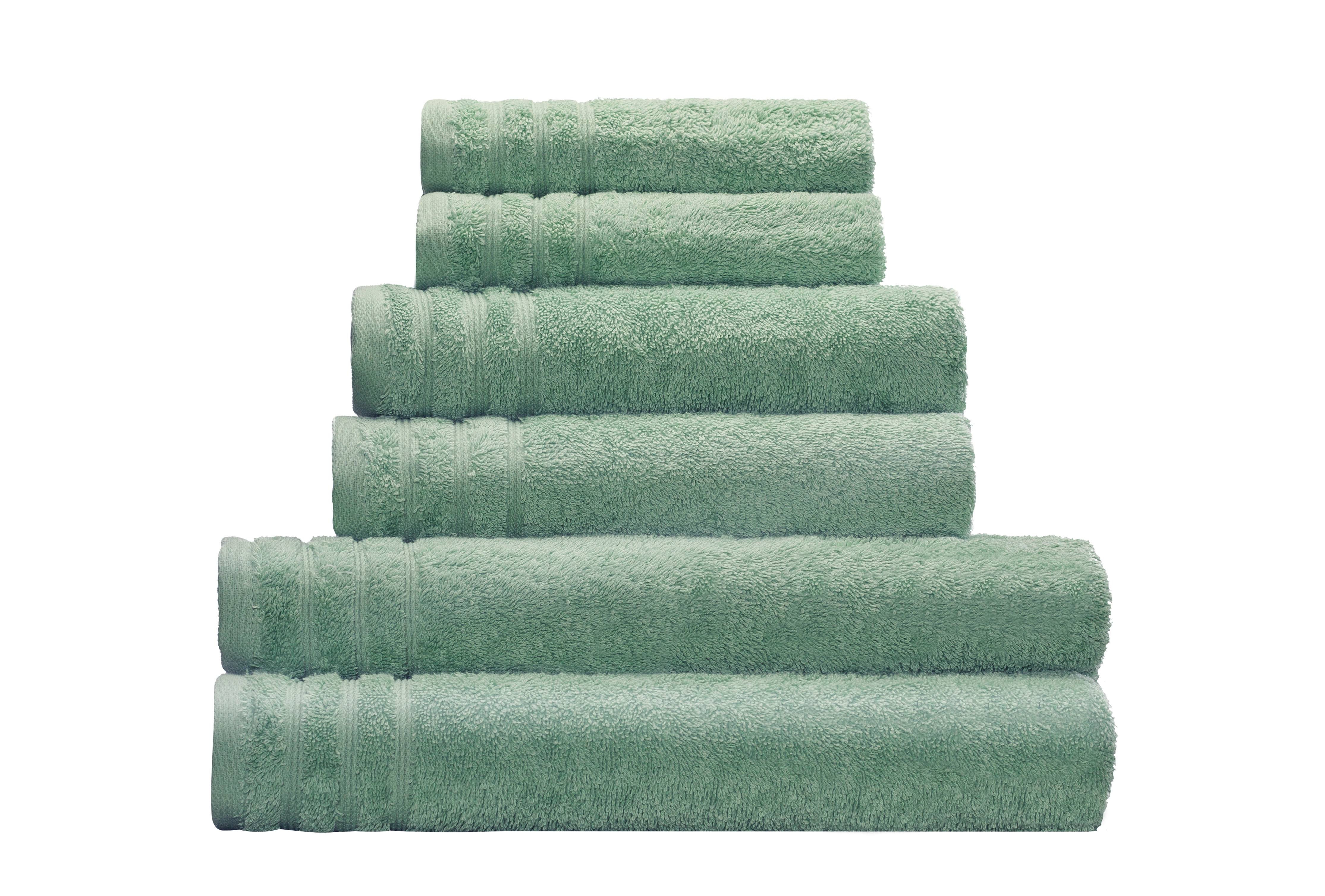 Frottier Handtuch ROYAL Maledivia 50x100 cm Set aus sechs mintgrünen Handtüchern in verschiedenen Größen, gestapelt und mit dekorativen Streifen an den Enden.
