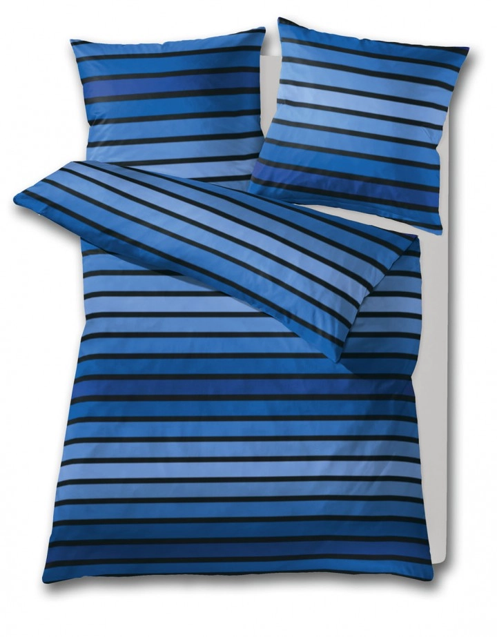 Bettwäsche-Set in Blau mit schwarzen Streifen. Modernes Design, weicher Stoff, ideal für ein stilvolles Schlafzimmer.