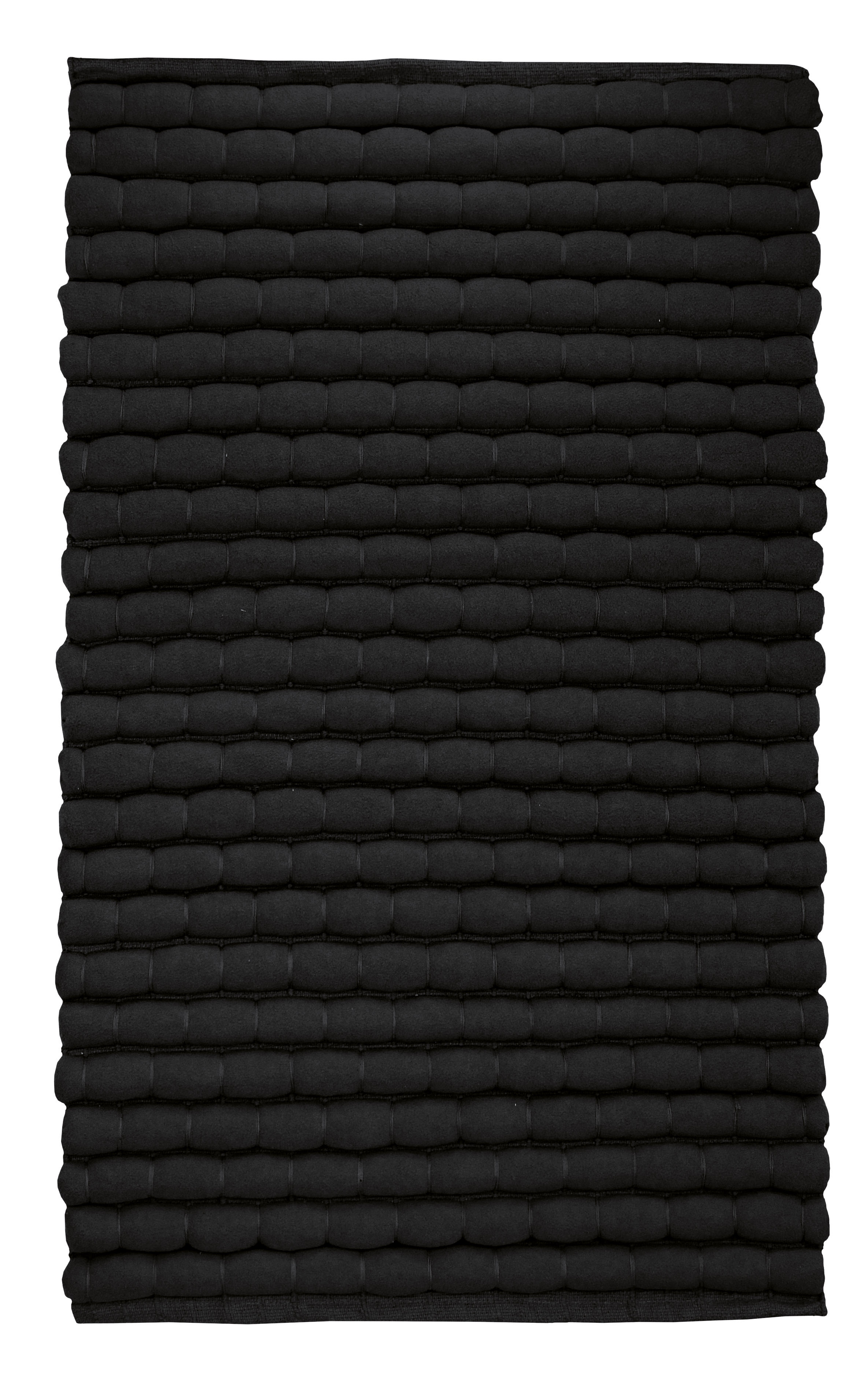 Schwarzer, rechteckiger Badteppich mit strukturierter Oberfläche und modernem Design.