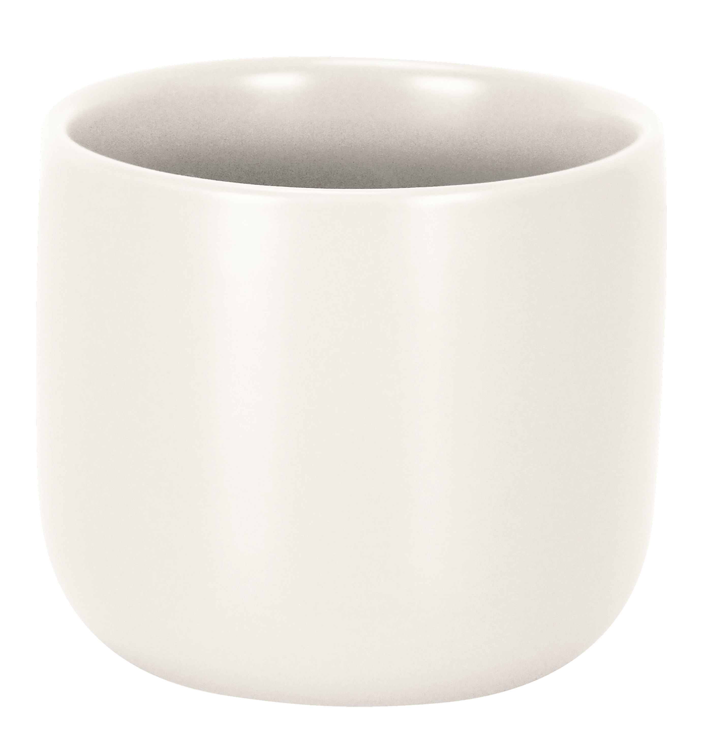 Moderner, weißer Keramikbecher mit glatter Oberfläche und abgerundeten Kanten, ideal für Badezimmer oder Küche.