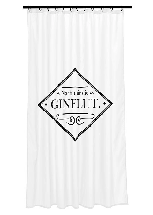 4004478328235 Duschvorhang in Weiß mit schwarzem Schriftzug "Nach mir die Ginflut" und dekorativem Rautenmuster.