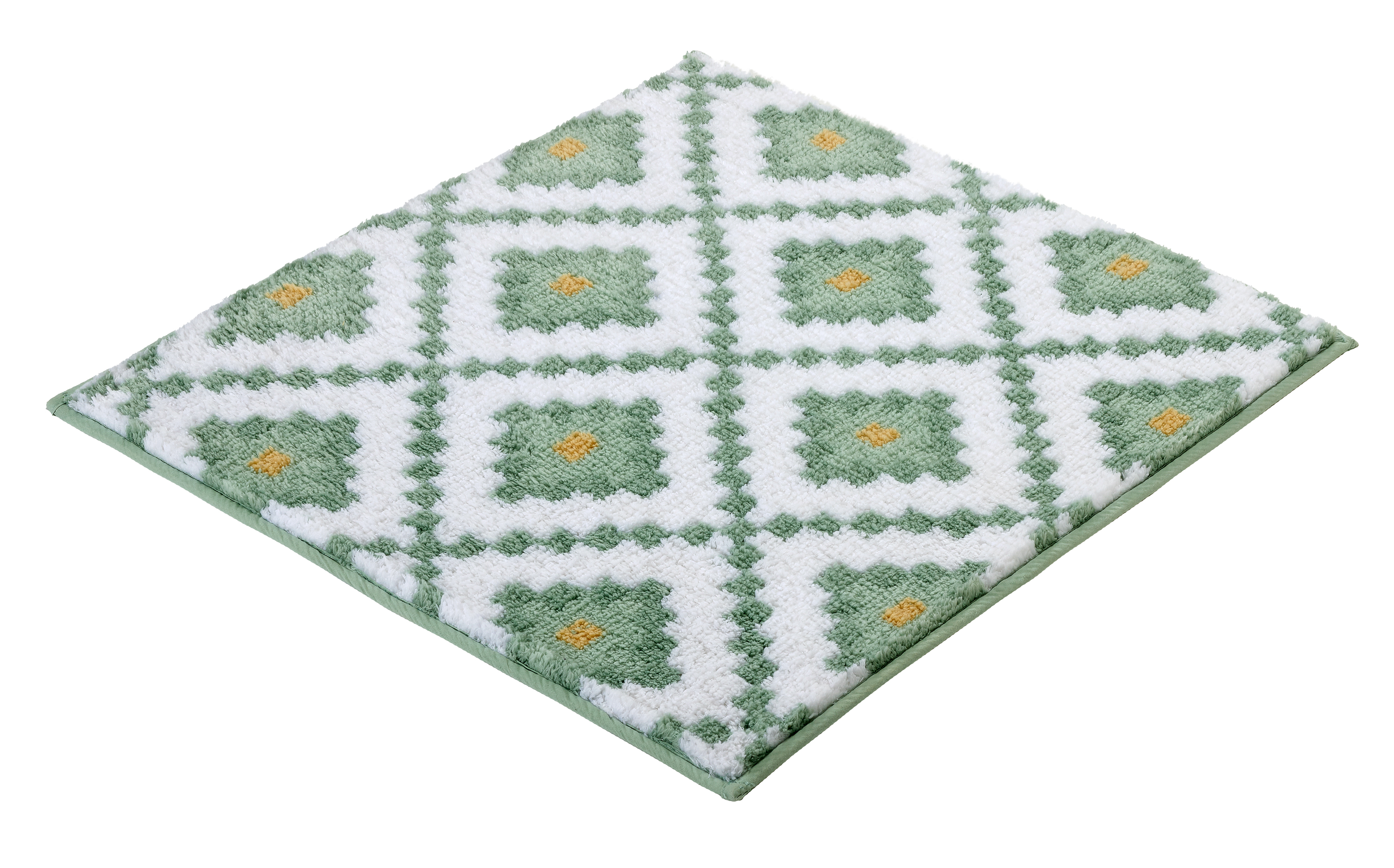 Badteppich ALHAMBRA Maledivia 60 x 60 cm Quadratischer Badteppich mit grün-weißem Rautenmuster und gelben Akzenten. Weiche, flauschige Textur für ein angenehmes Gefühl.