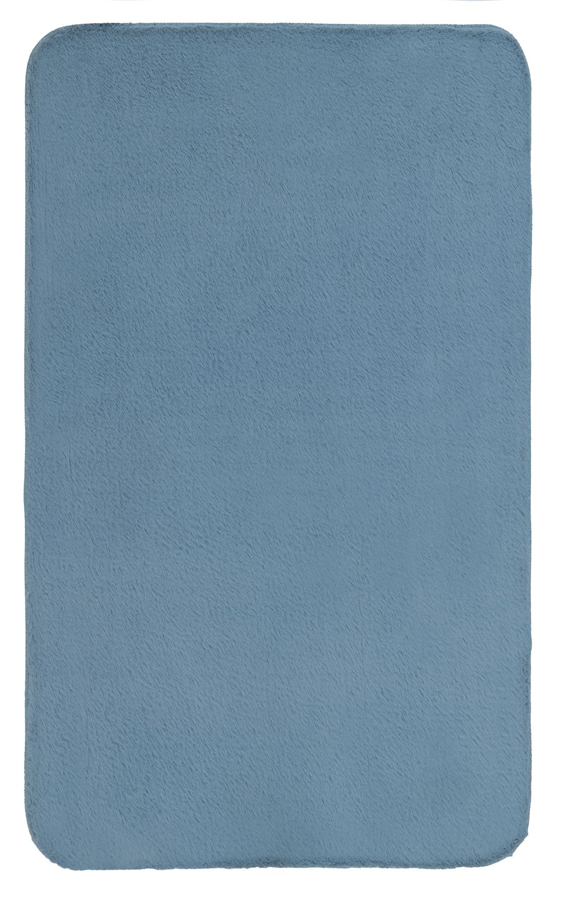 Weicher, rechteckiger Badteppich in Blau mit abgerundeten Ecken, ideal für ein modernes Badezimmer.