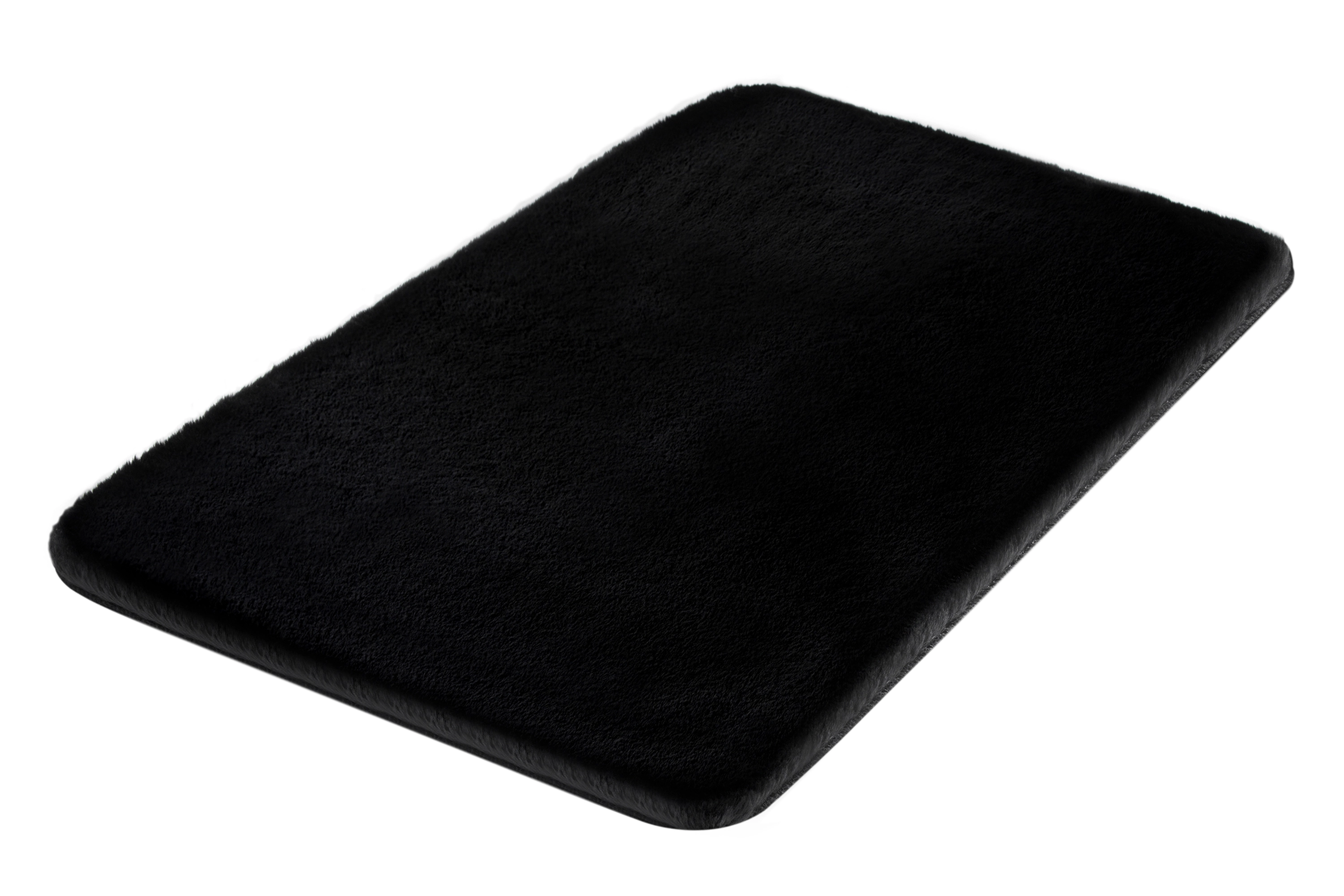 Schwarze, rechteckige Badematte mit weicher, flauschiger Oberfläche für ein luxuriöses Badeerlebnis.