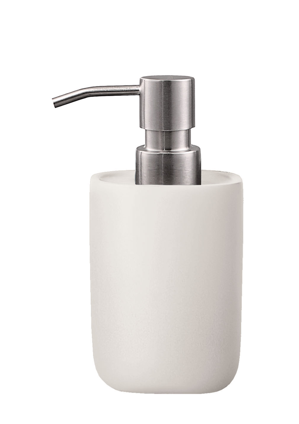 Weißer Seifenspender mit Edelstahlpumpe, minimalistisches Design, ideal für moderne Badezimmer.