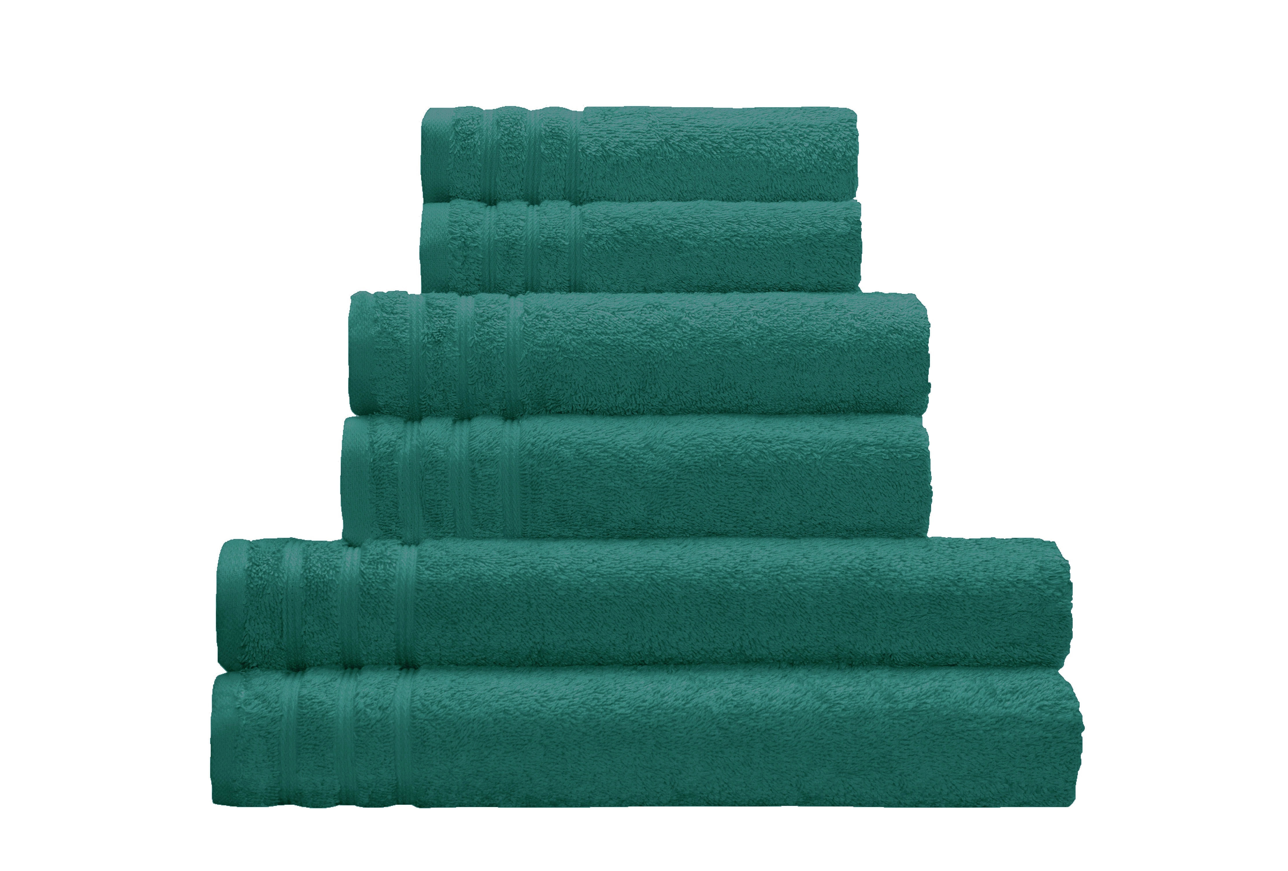 Frottier Handtuch ROYAL Smaragd 50x100 cm Set aus grünen Handtüchern in verschiedenen Größen, gestapelt und mit dekorativen Streifen an den Enden.