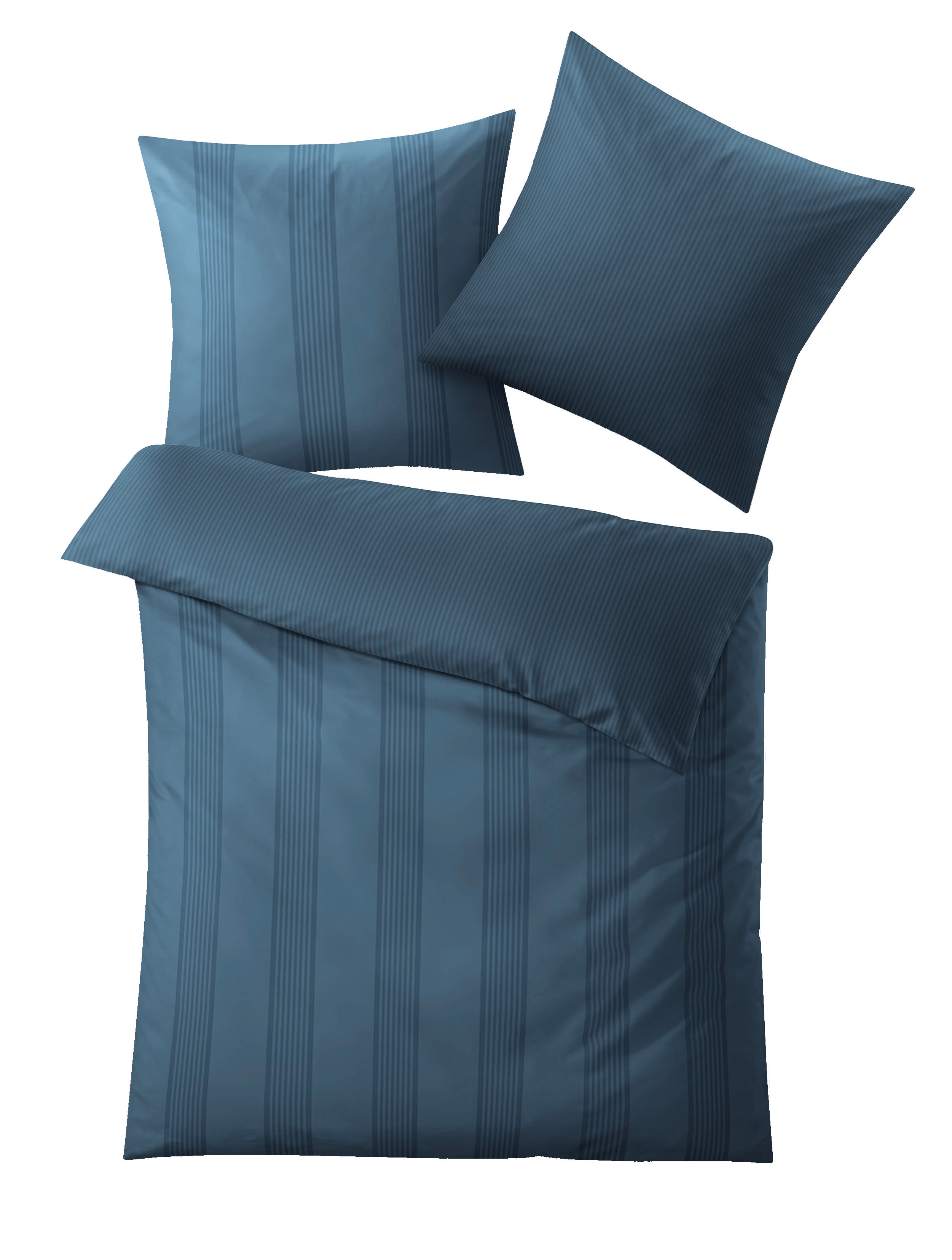 Bettwäsche-Set in elegantem Dunkelblau mit dezentem Streifenmuster, bestehend aus Decken- und Kissenbezug.