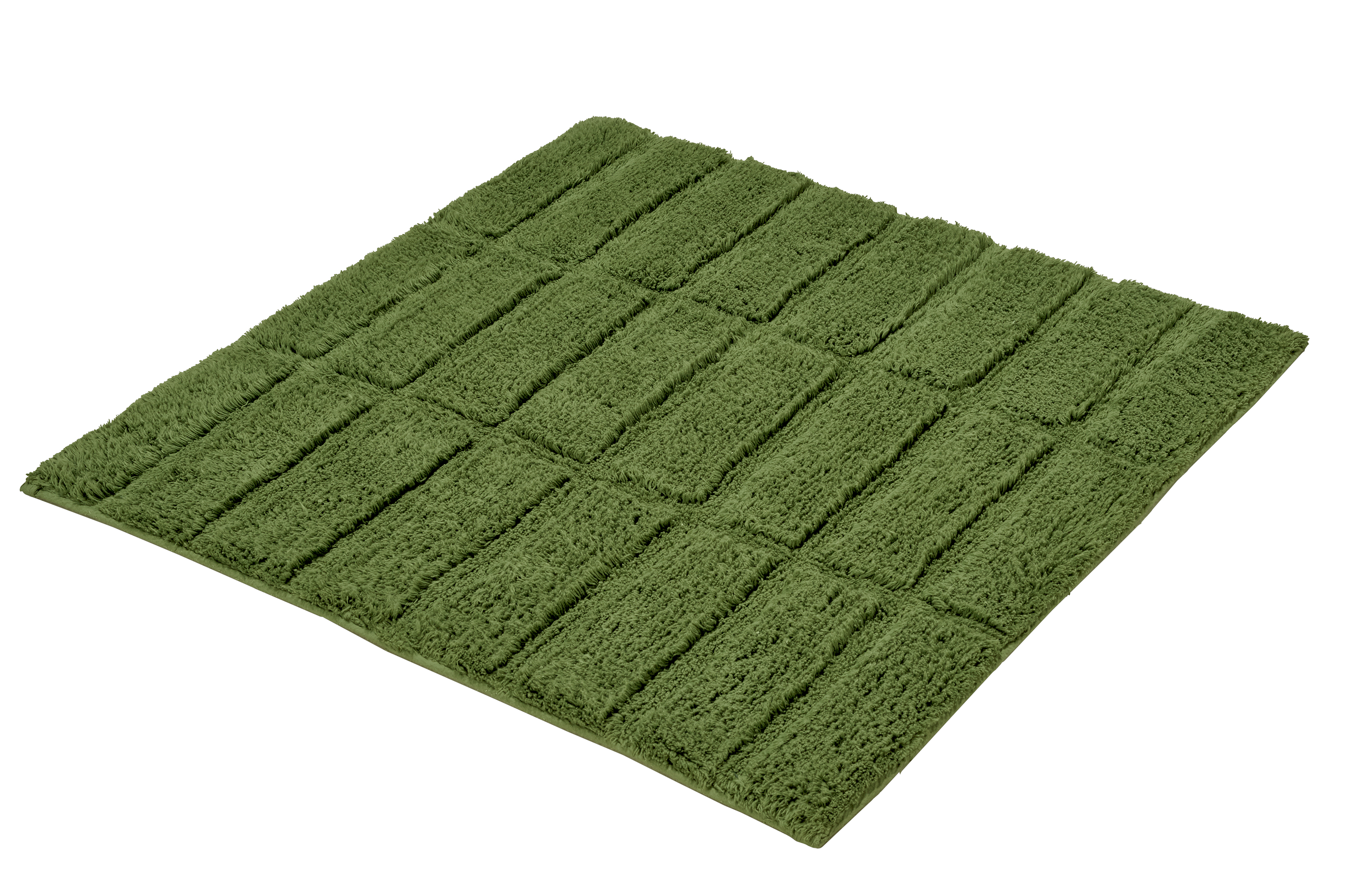 Grüner, quadratischer Badteppich mit rechteckigem Muster und weicher, flauschiger Textur. Perfekt für ein gemütliches Badezimmer.