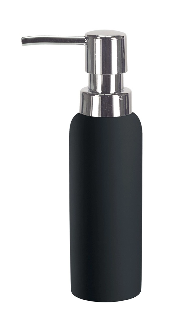 4004478201736 Schwarzer Seifenspender mit silbernem Pumpkopf, elegantes Design, ideal für moderne Badezimmer.