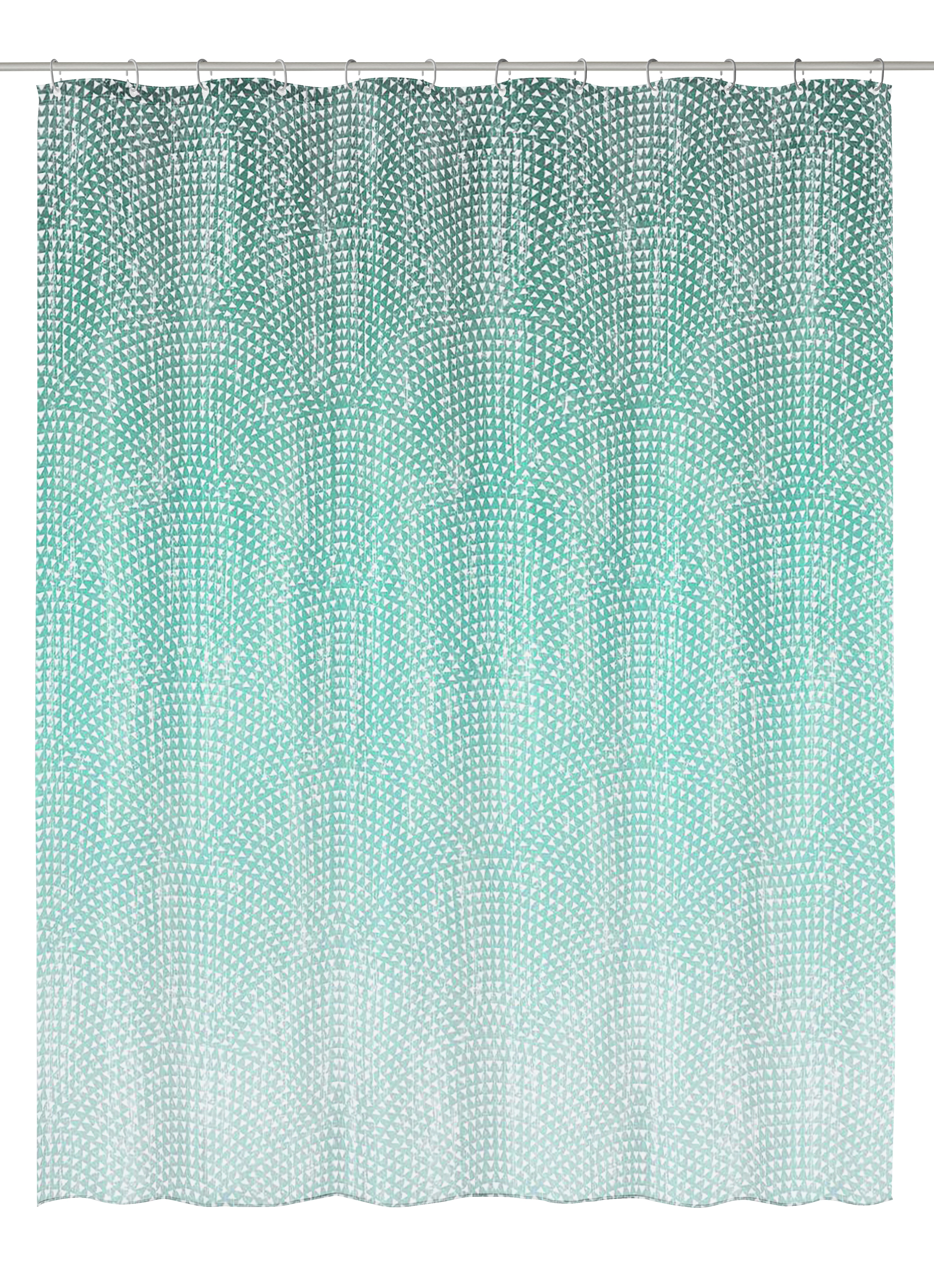 Duschvorhang mit grünem Farbverlauf und geometrischem Muster, ideal für ein modernes Badezimmer.