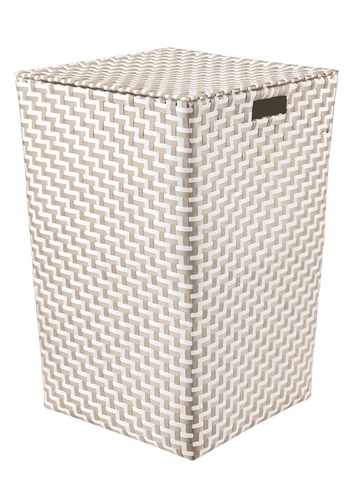 4004478289444 Wäschekorb aus geflochtenem Kunststoff in Beige und Weiß mit Deckel und seitlichen Griffen.