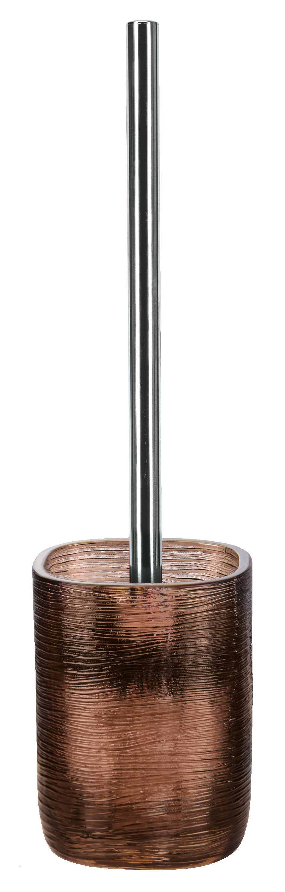 Toilettenbürstenhalter aus braunem Glas mit geriffelter Oberfläche und silbernem Griff.