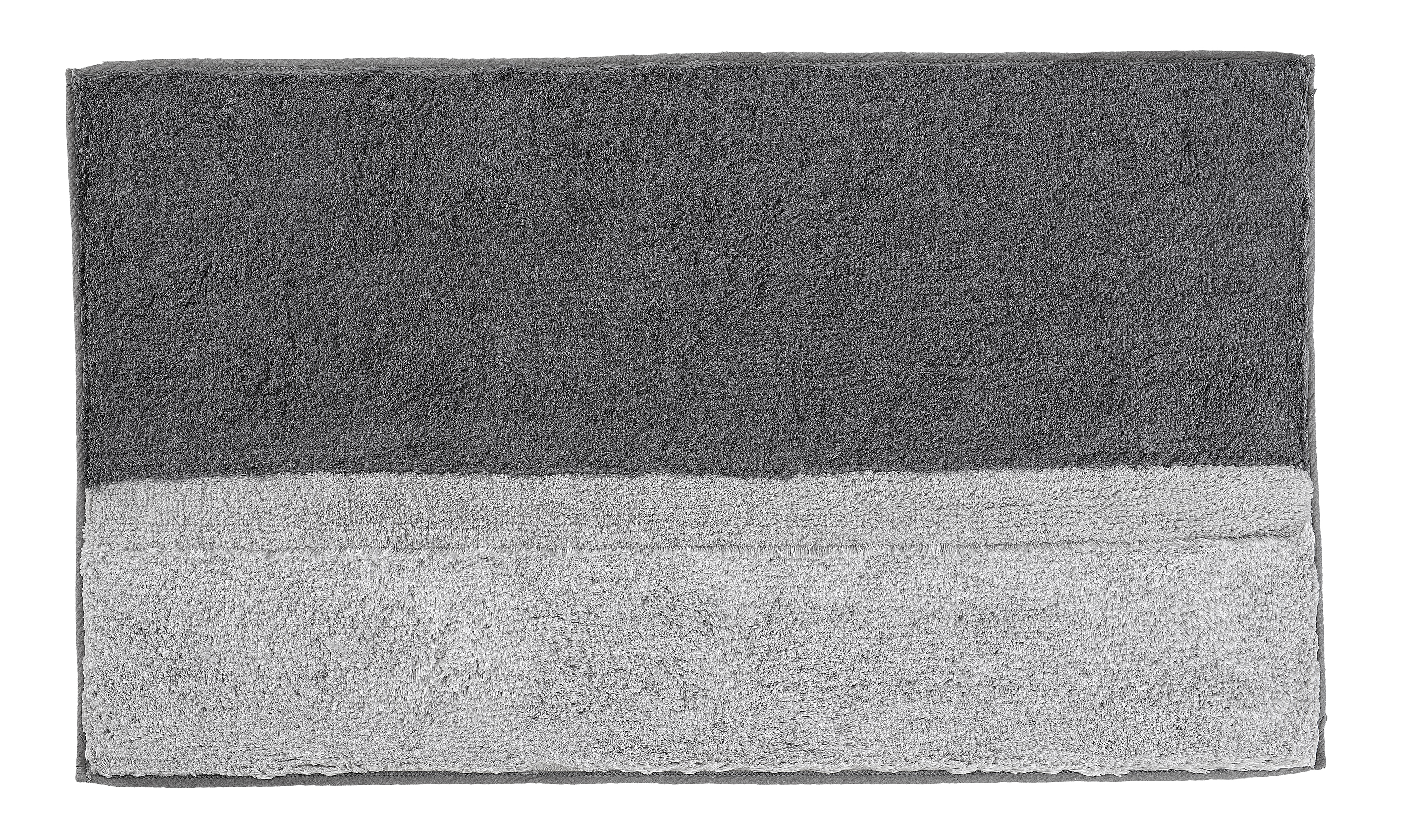 Grauer Badteppich mit zweifarbigem Design, dunkler und heller Grauton, weiche und flauschige Textur, rechteckige Form.