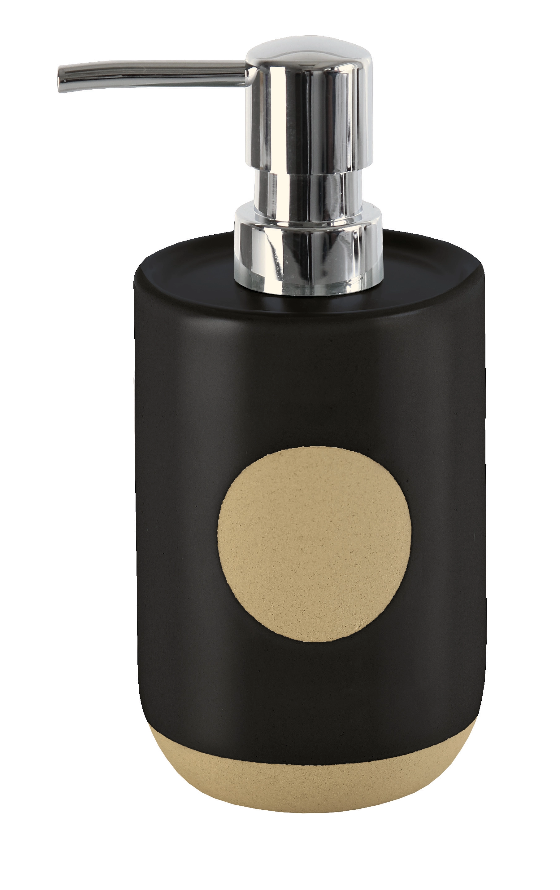 Schwarzer Seifenspender mit silbernem Pumpkopf und beigem Akzent. Modernes Design, ideal für stilvolle Badezimmer.