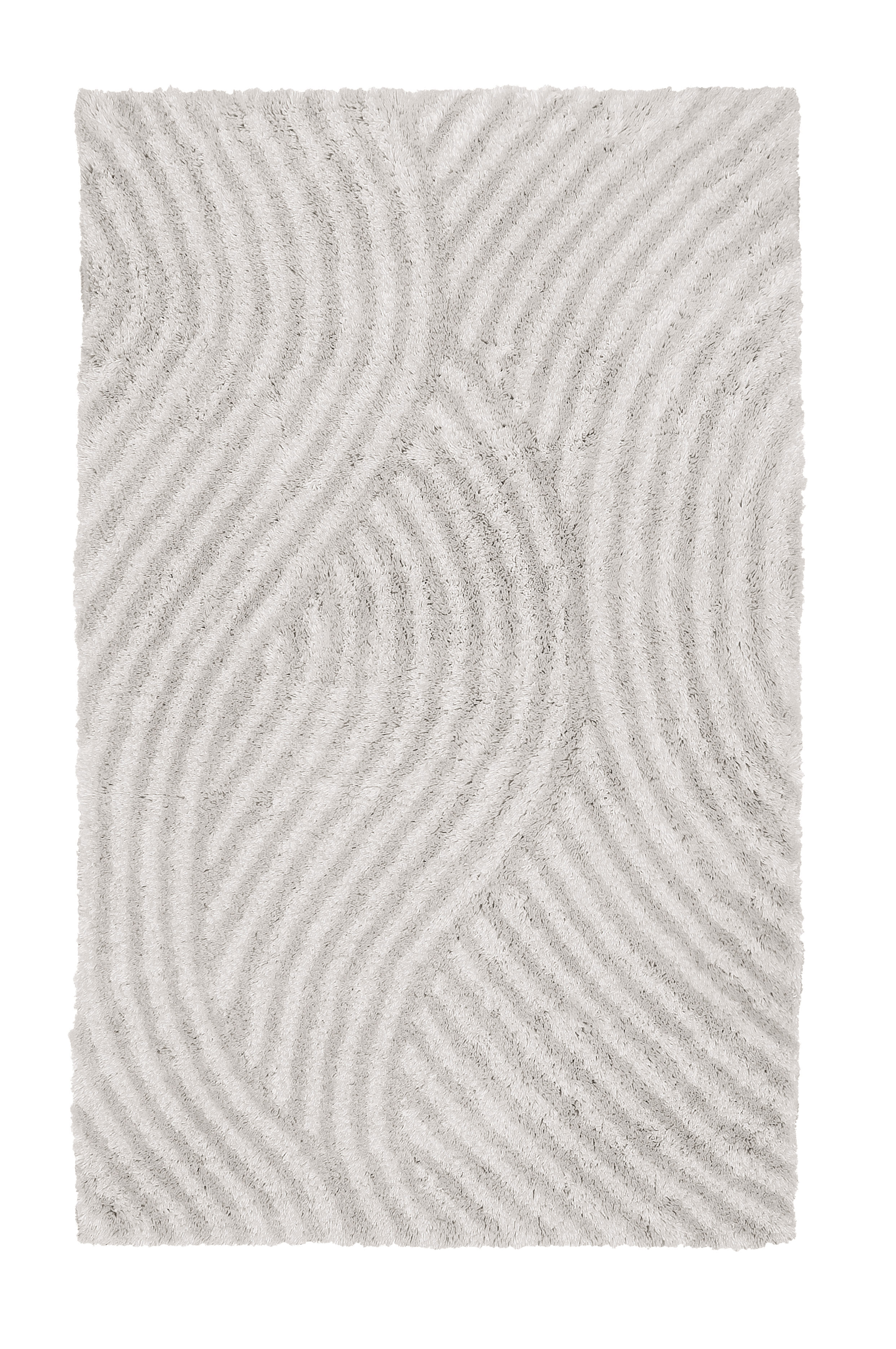 Weißer Teppich mit wellenförmigem Muster, flauschige Textur, ideal für moderne Wohnräume.