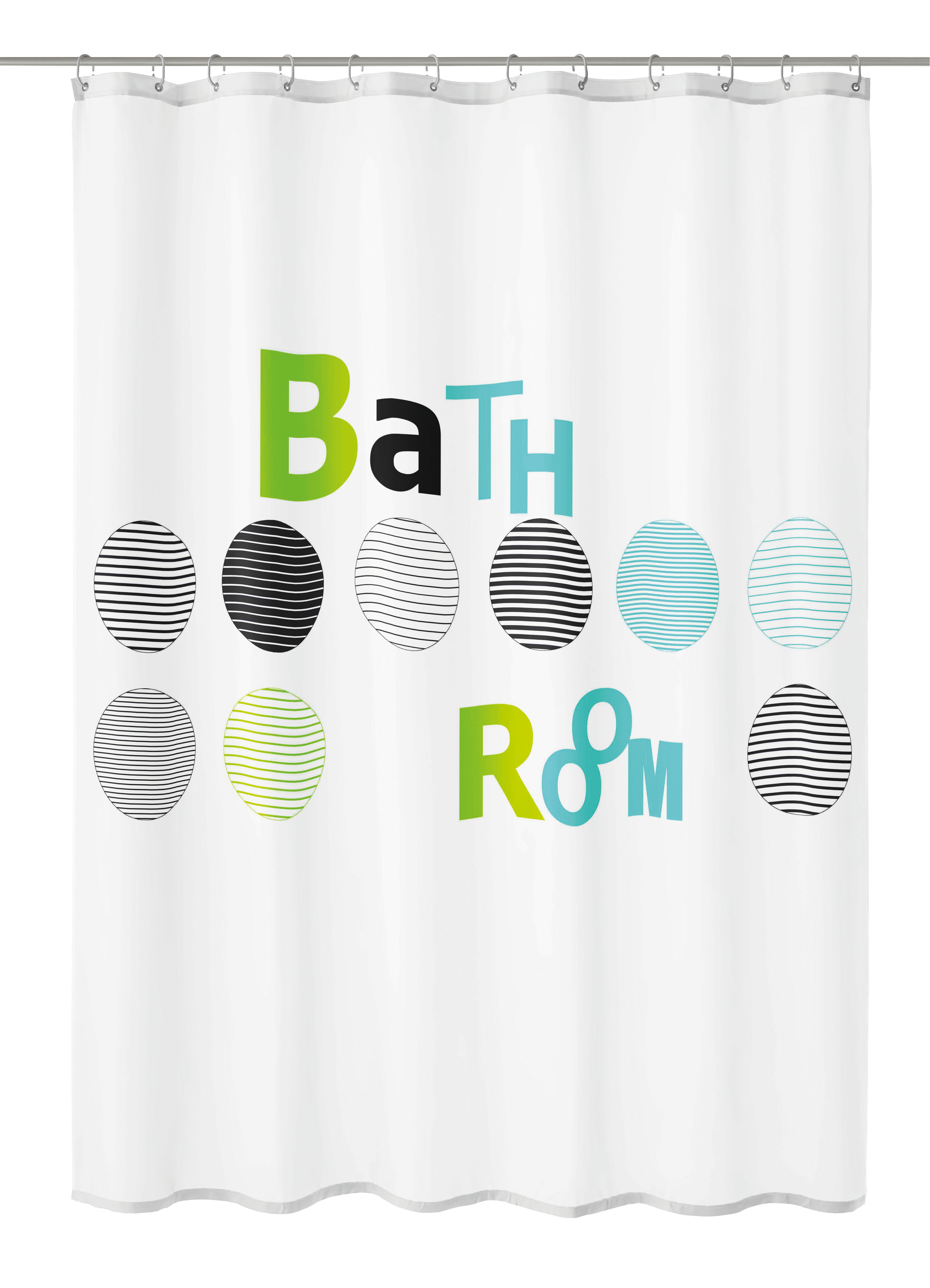 Duschvorhang Textil BATHROOM Mint 180 x 200 cm Duschvorhang mit modernem Design, bunten Buchstaben und grafischen Kreisen in Schwarz, Weiß, Grün und Blau.