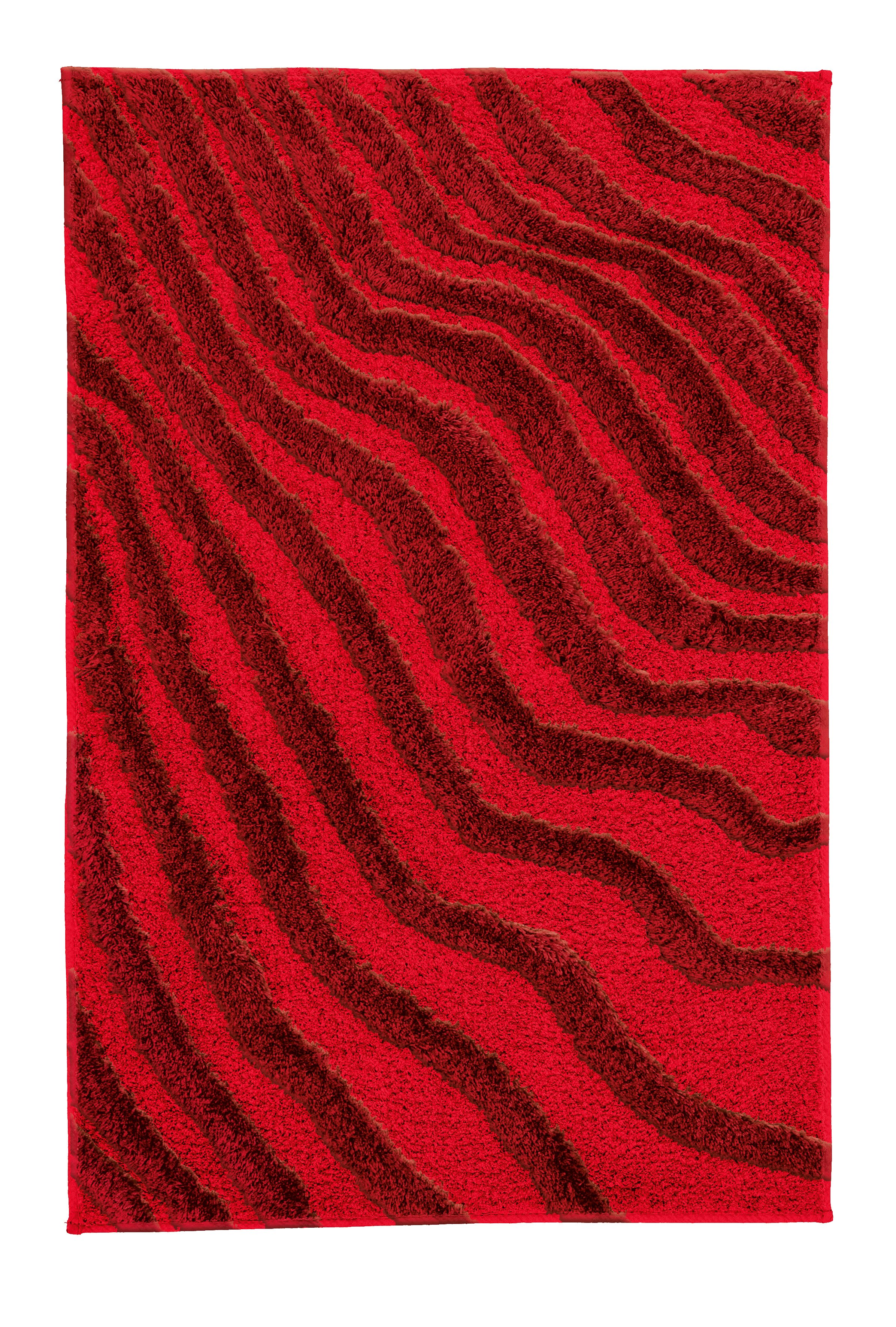 Roter Badteppich mit wellenförmigem Muster in dunkleren Rottönen, weiche Textur, ideal für stilvolle Badezimmer.