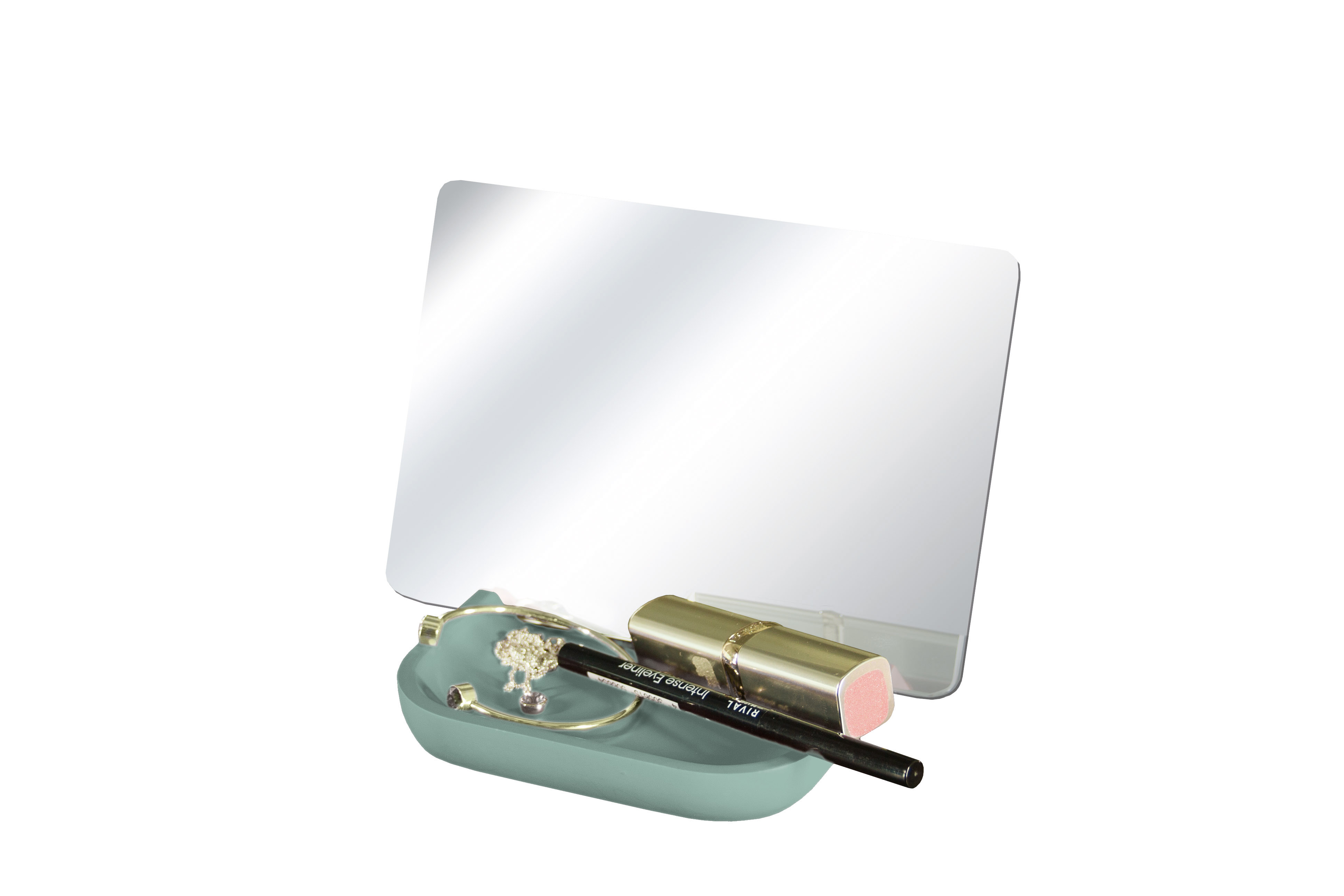 Moderner Kosmetikspiegel mit Ablagefach, ideal für Make-up und Schmuck, in stilvollem Design.