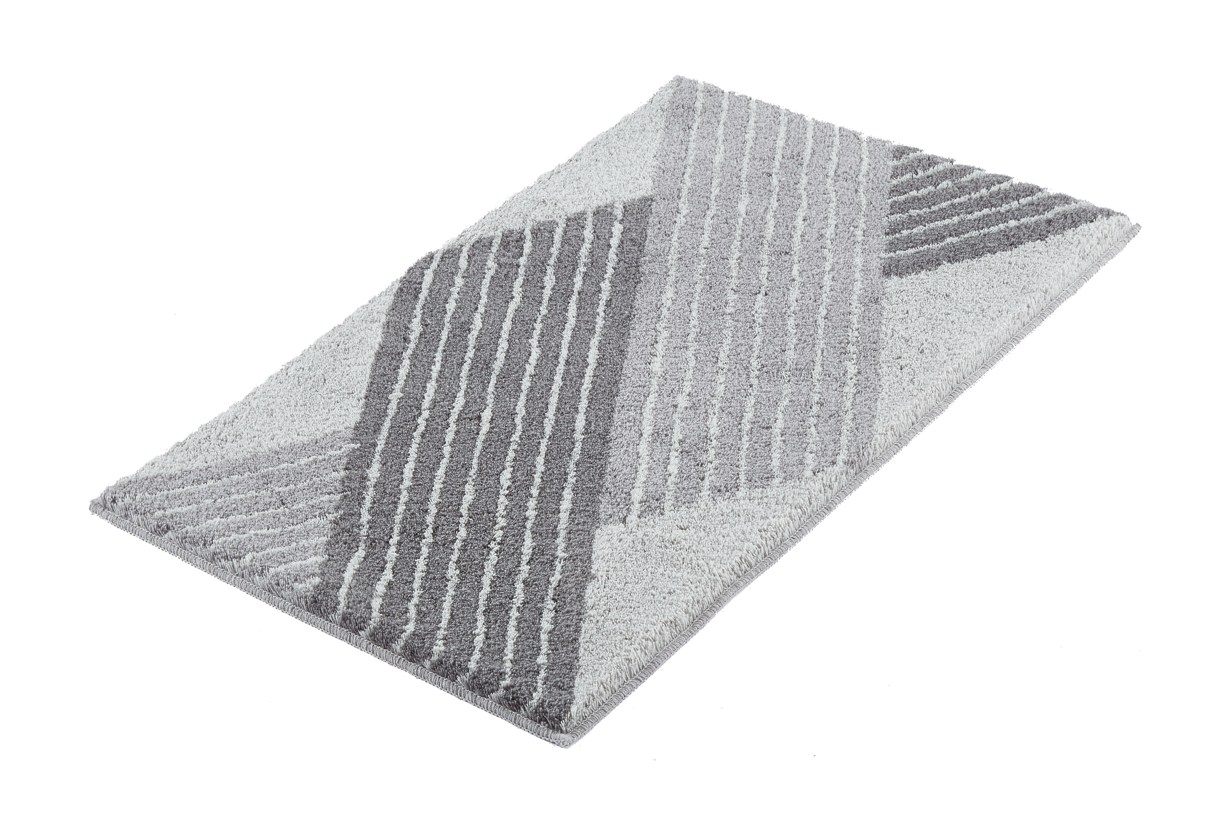 Moderner, rechteckiger Teppich in Grautönen mit geometrischem Muster, ideal für Wohn- und Schlafzimmer.