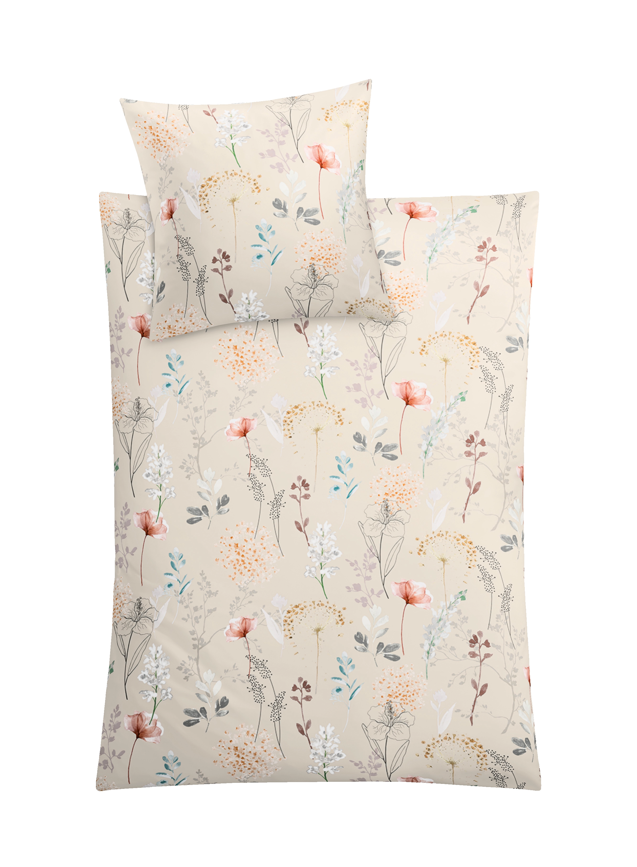 Bettwäsche-Set mit zartem Blumenmuster in Pastellfarben auf cremefarbenem Hintergrund. Ideal für ein stilvolles Schlafzimmer.