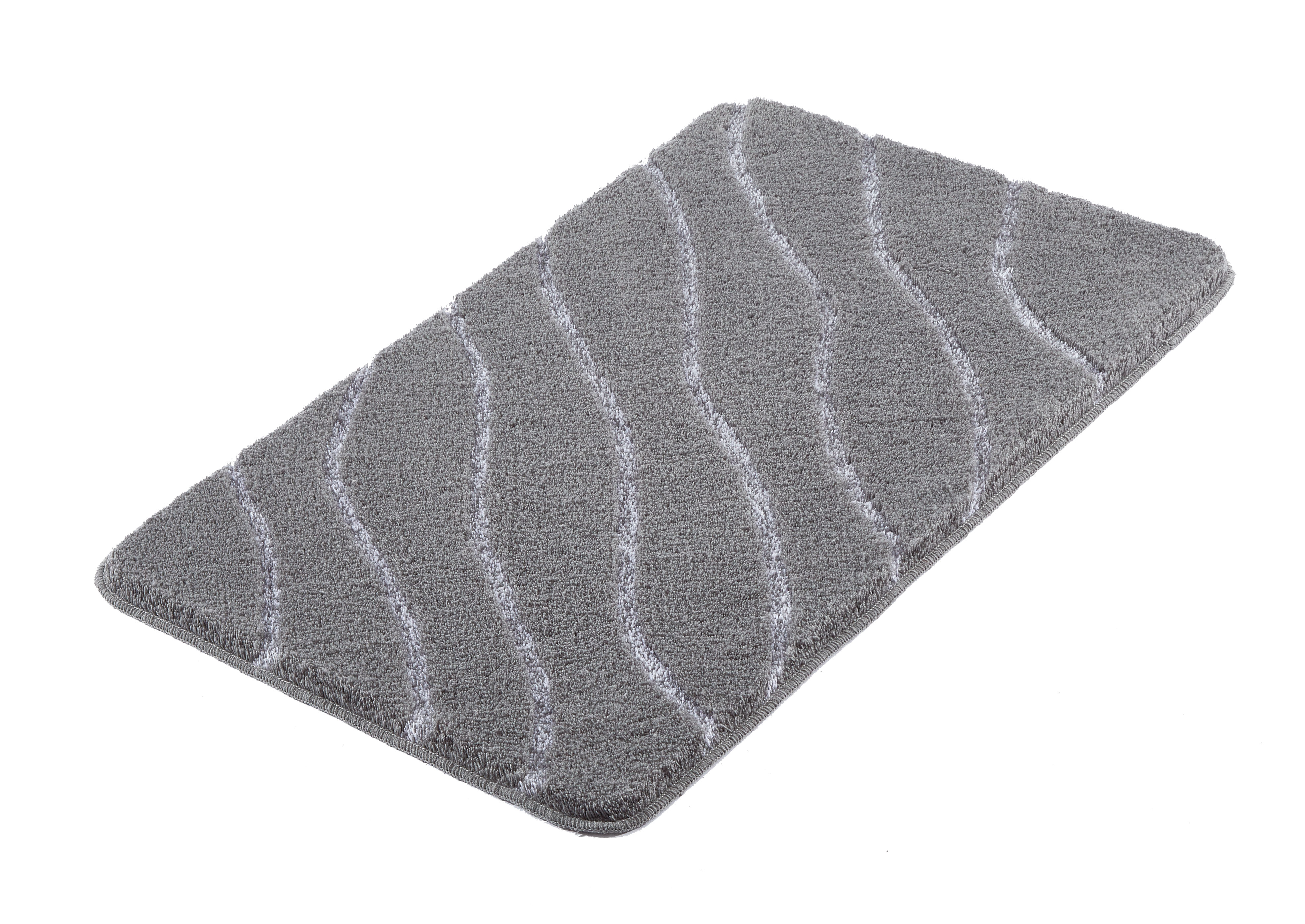 Graue Badematte mit wellenförmigem Muster, weiche Textur, rutschfeste Unterseite, ideal für Badezimmer.