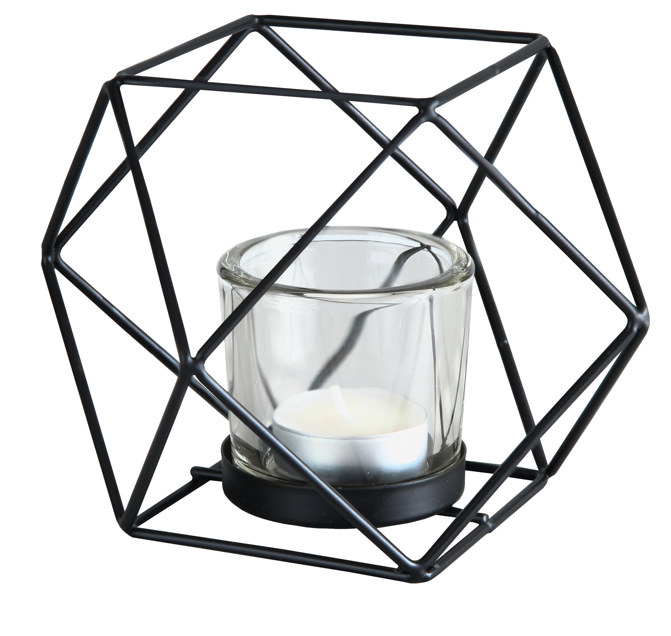Moderner Teelichthalter aus schwarzem Metall mit geometrischem Design und klarem Glasbehälter für eine stilvolle Beleuchtung.