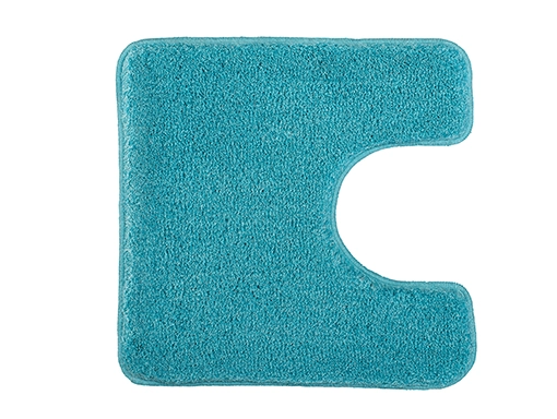 Türkisfarbener WC-Vorleger aus weichem Material mit Ausschnitt für die Toilette.
