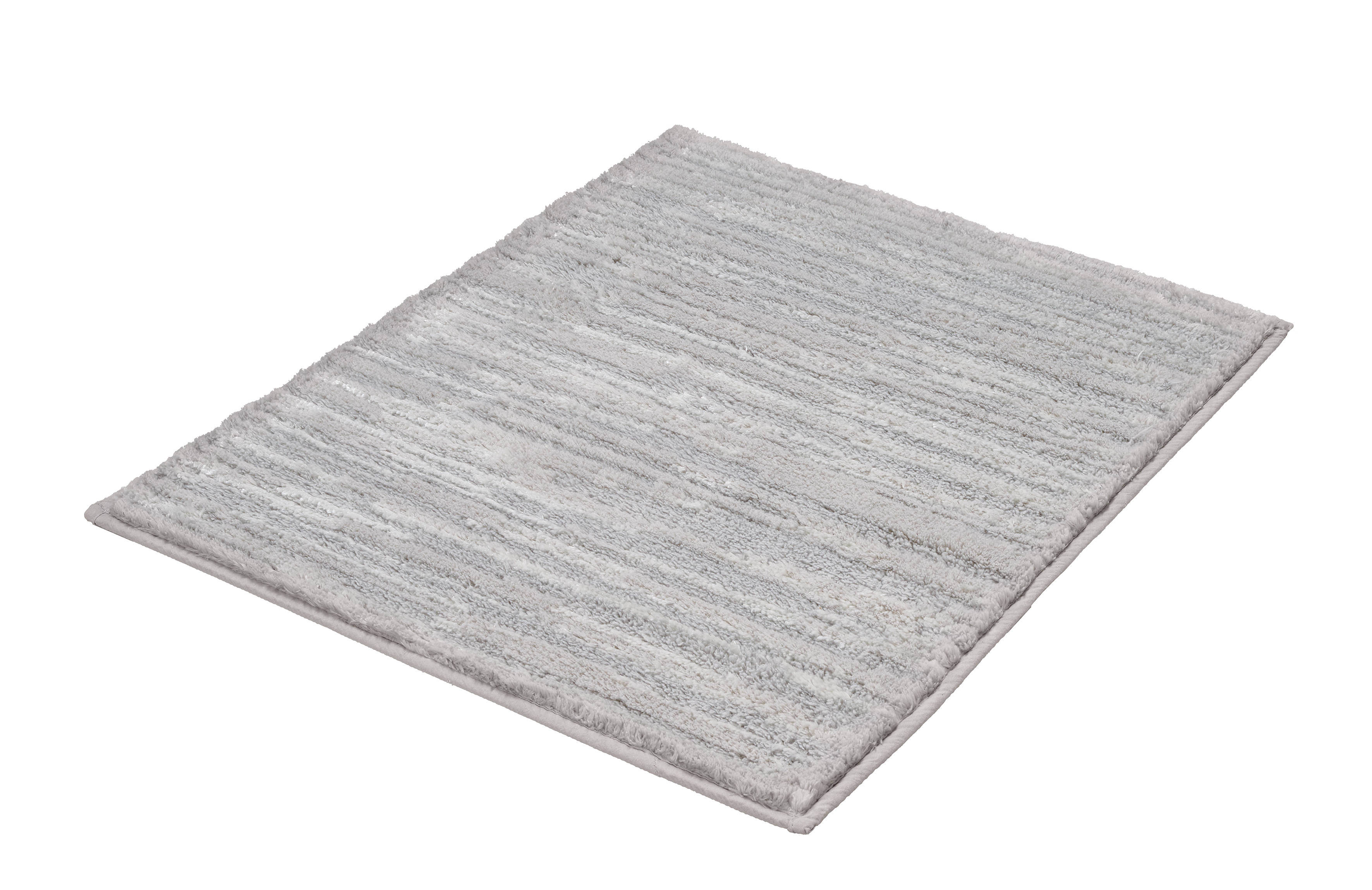 Weißer, rechteckiger Teppich mit weicher, flauschiger Oberfläche und dezentem Streifenmuster. Ideal für Wohn- und Schlafzimmer.