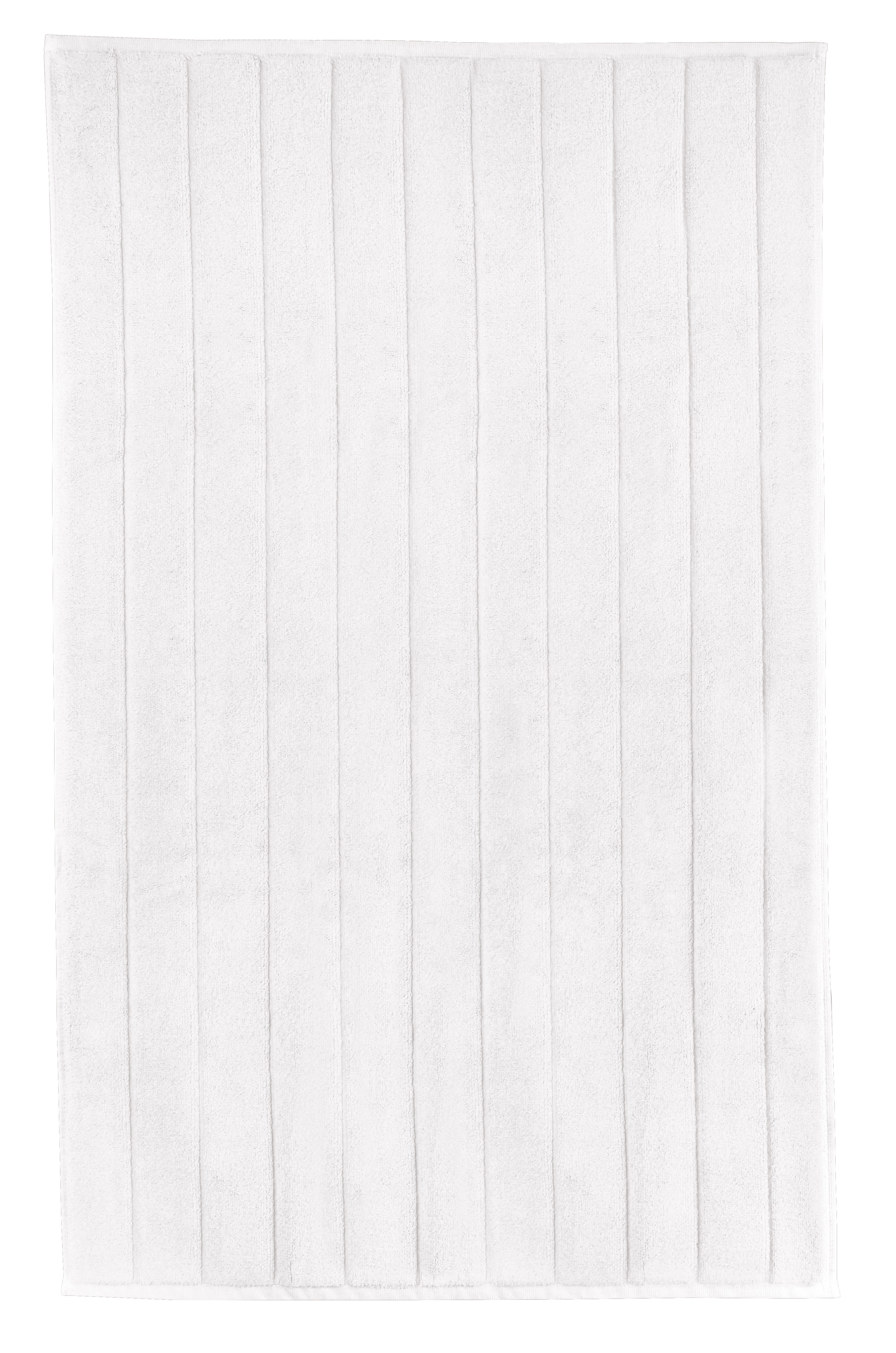 Weißer Badteppich mit schlichten, vertikalen Streifen für ein modernes Badezimmerdesign.