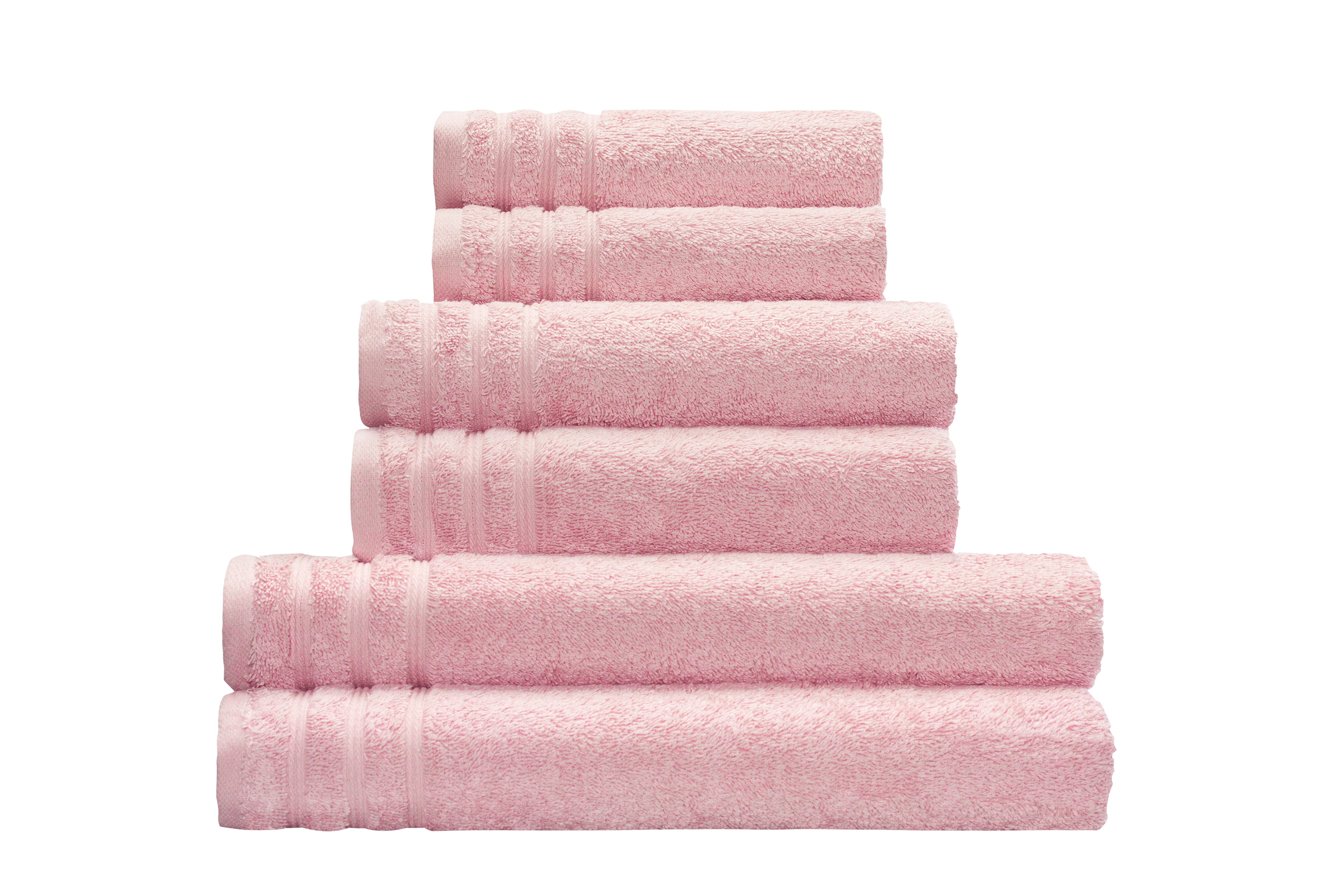 Frottier Duschtuch ROYAL Magnolie 70 x 140 cm Weiche, rosa Handtücher in verschiedenen Größen, gestapelt und mit dekorativen Streifen verziert.