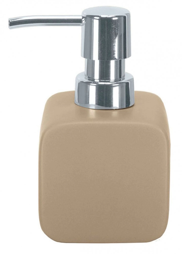 4004478221802 Beigefarbener Seifenspender mit glänzendem Chrom-Pumpkopf, modernes Design, ideal für Badezimmer und Küchen.