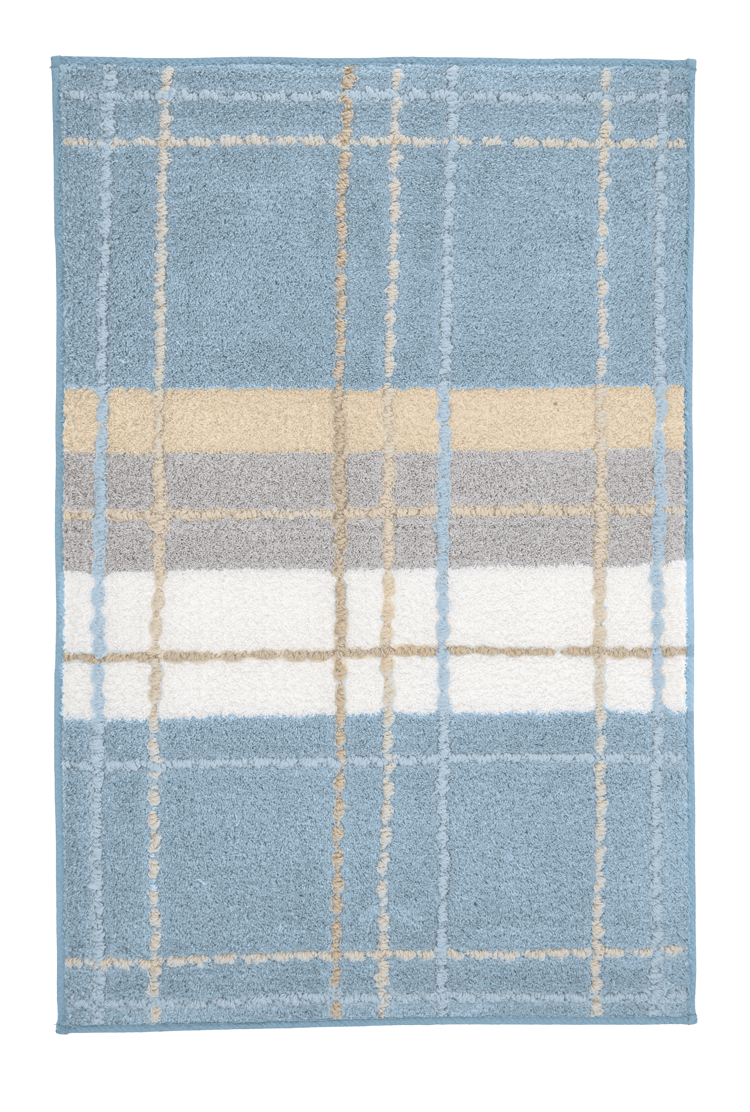 Blaue Badematte mit kariertem Muster in Beige, Weiß und Grau. Weiche Textur, ideal für Badezimmer.
